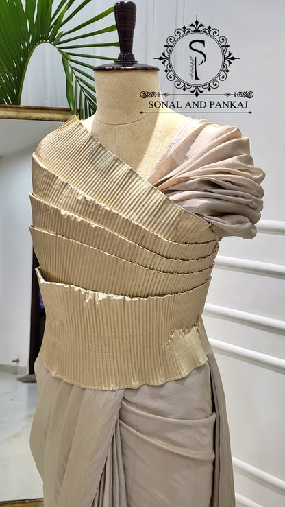 Desi Girl Vibe - Butter Scotch Top & Shimmering Beige Pre-pleated Saree - SA01599