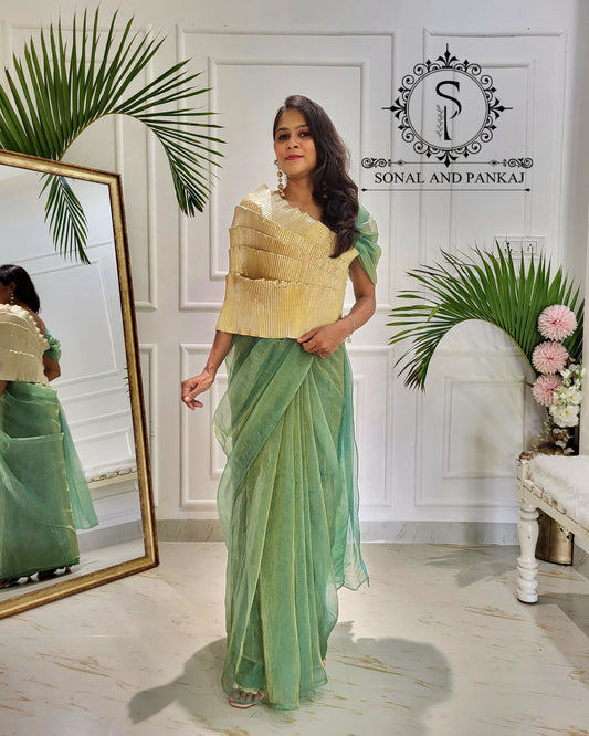 Desi Girl Vibe - Butter Scotch Top & Shimmering Mint Pre-pleated Saree - SA01601