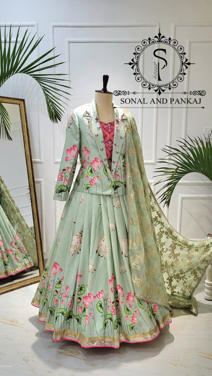 Pastel Green Pichwai Ensemble by Sonal and Pankaj - LH01523
