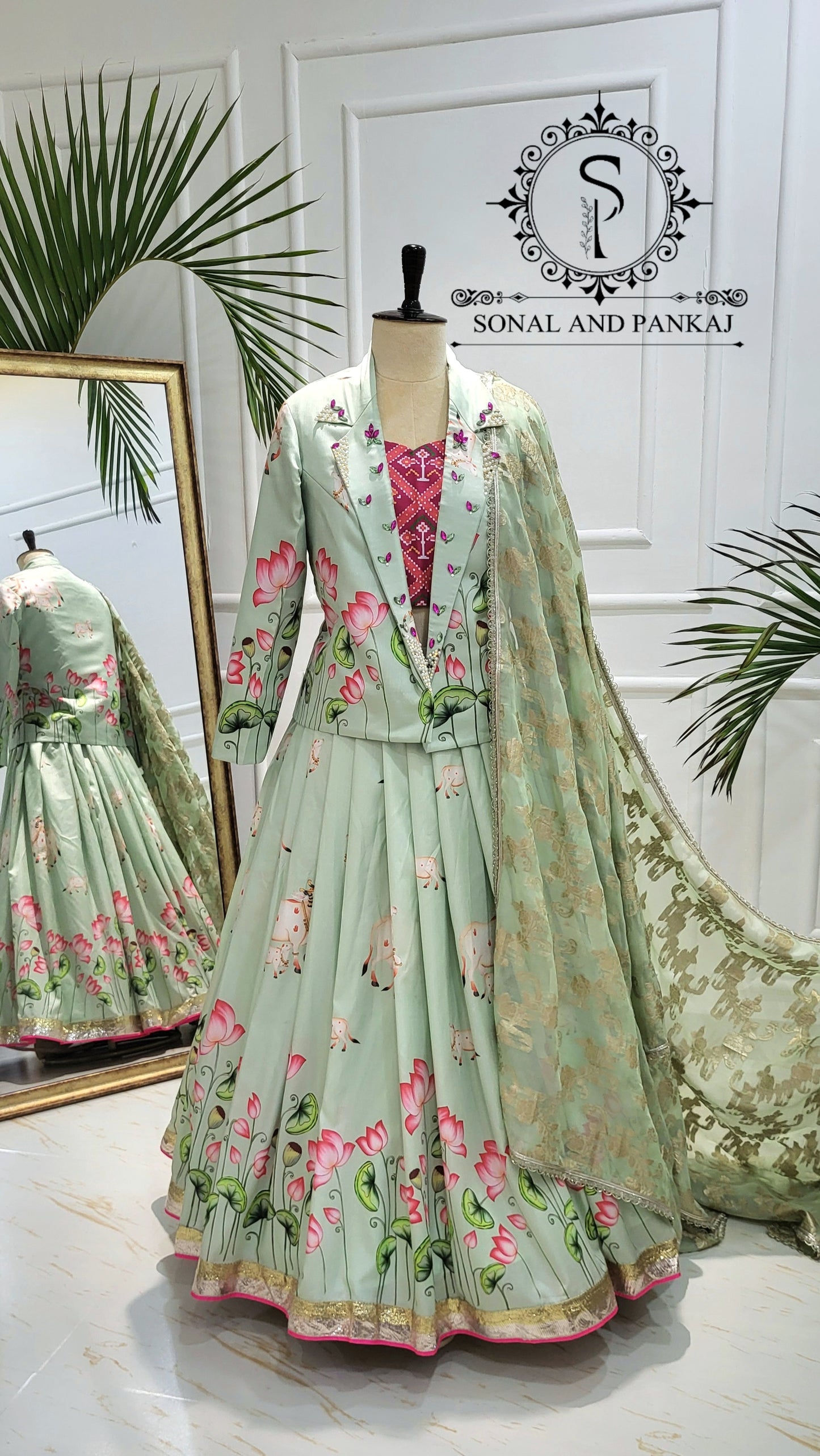 Pastel Green Pichwai Ensemble by Sonal and Pankaj - LH01523