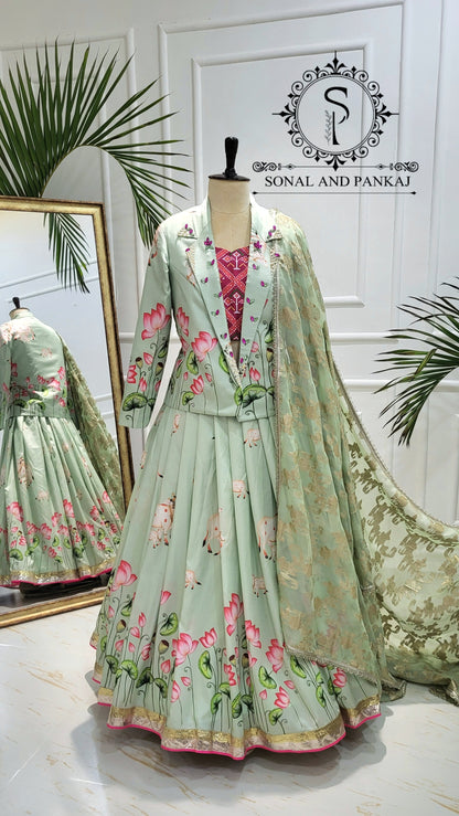 Pastel Green Pichwai Ensemble by Sonal and Pankaj - LH01523