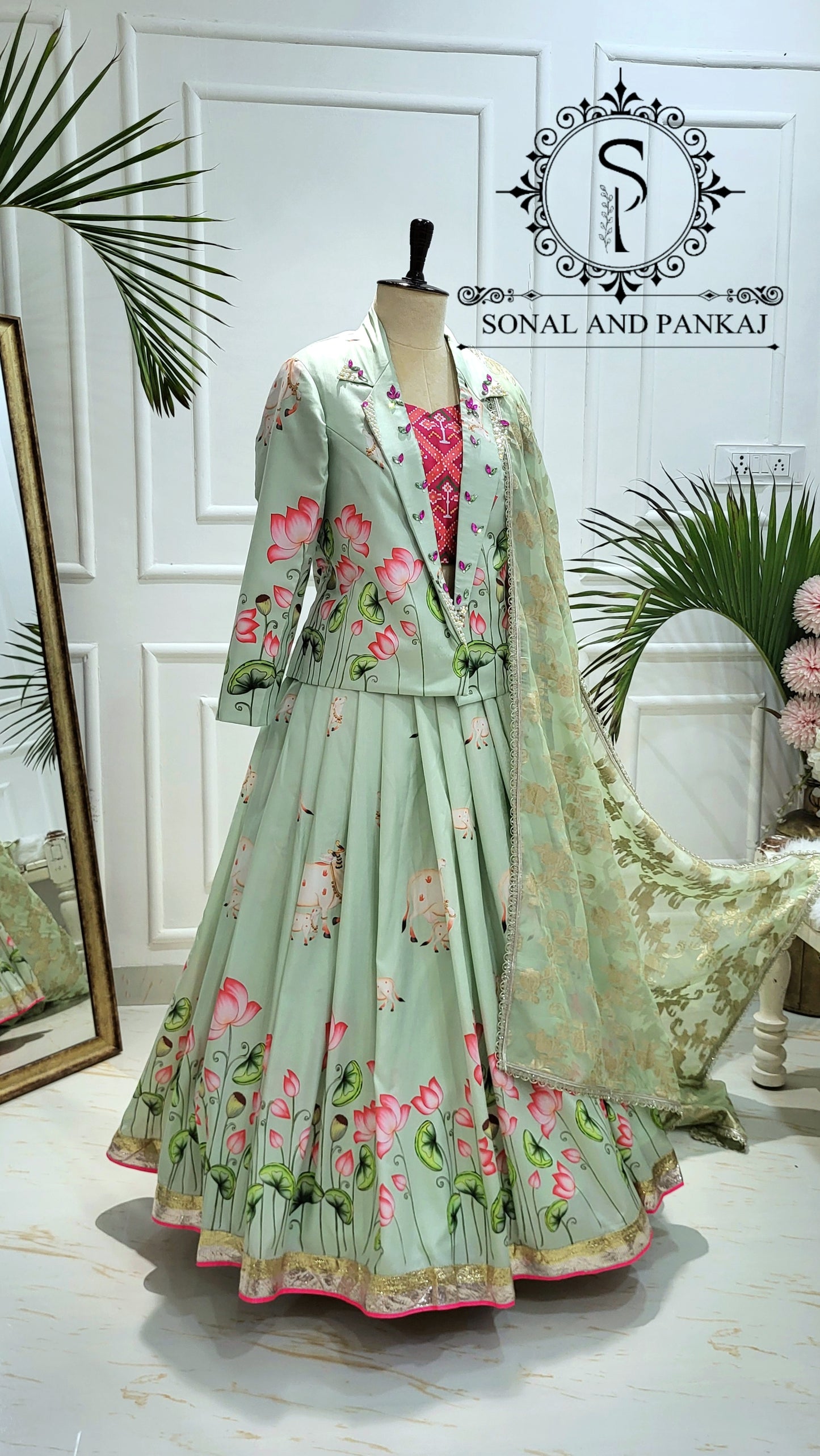 Pastel Green Pichwai Ensemble by Sonal and Pankaj - LH01523