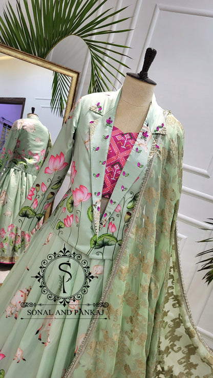 Pastel Green Pichwai Ensemble by Sonal and Pankaj - LH01523
