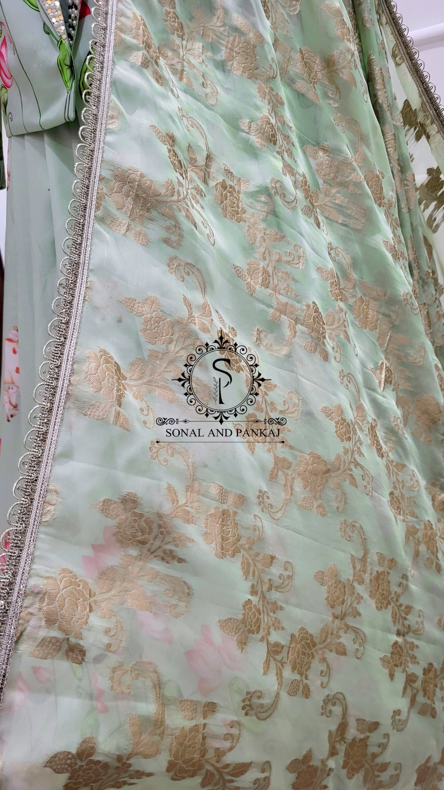 Pastel Green Pichwai Ensemble by Sonal and Pankaj - LH01523