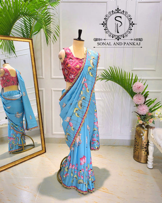 Turquoise Blue Pichwai Print Only Saree - SA01606 (Without Blouse)