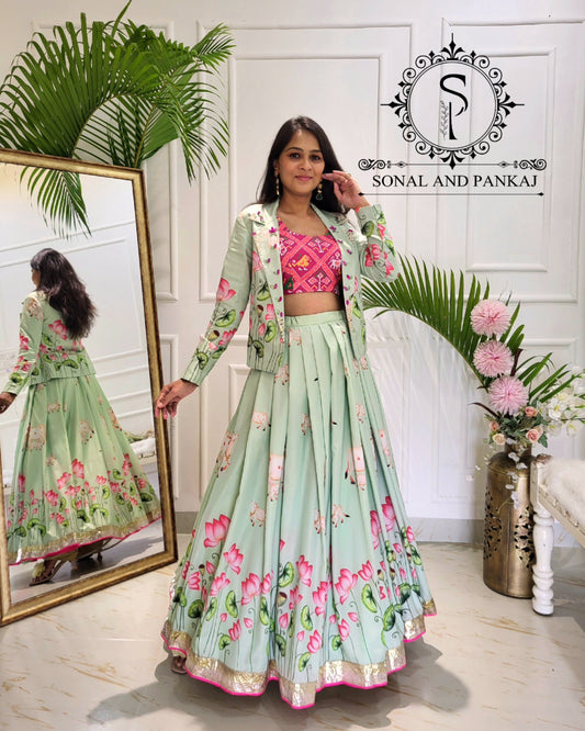 Pastel Green Pichwai Ensemble by Sonal and Pankaj - LH01523