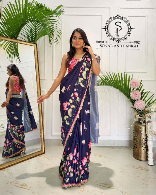 Midnight Blue Pichwai Print Only Saree - SA01605 (Without Blouse)