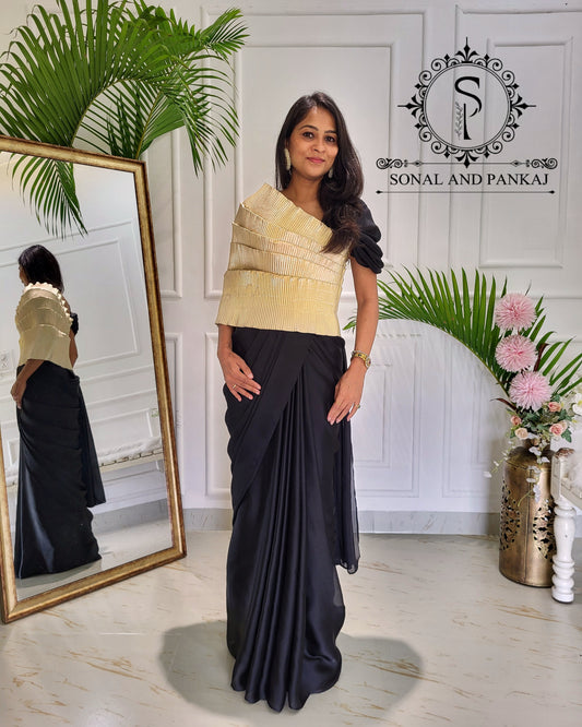 Desi Girl Vibe - Butter Scotch Top & Black Pre-pleated Saree - SA01603