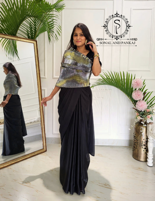 Desi Girl Vibe - Metallic Grey Top & Black Pre-pleated Saree - SA01604