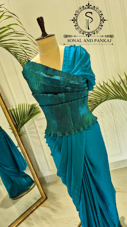 Desi Girl Vibe - Peacock Blue Top & Dual Tone Fluidic Fendy Pre-pleated Saree - SA01607