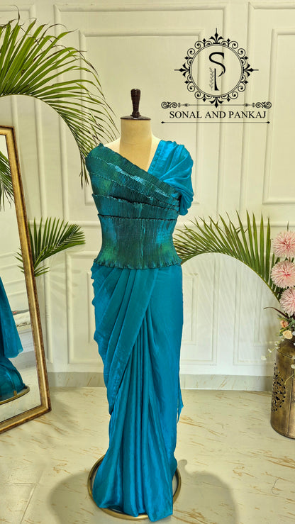 Desi Girl Vibe - Peacock Blue Top & Dual Tone Fluidic Fendy Pre-pleated Saree - SA01607
