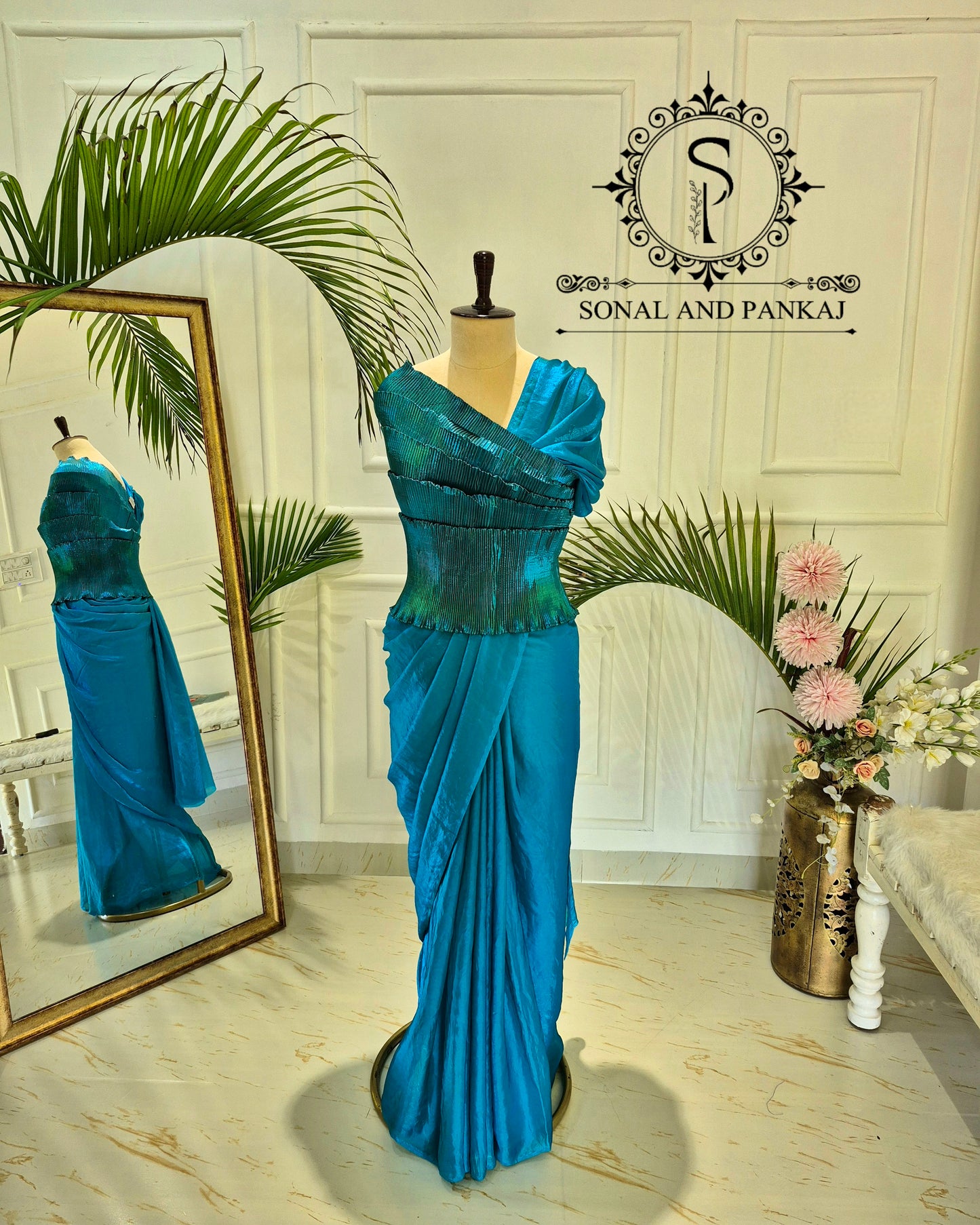 Desi Girl Vibe - Peacock Blue Top & Dual Tone Fluidic Fendy Pre-pleated Saree - SA01607