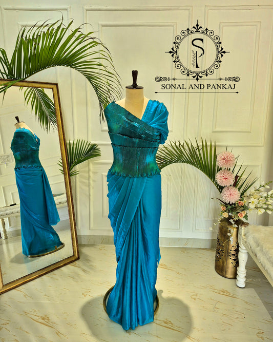 Desi Girl Vibe - Peacock Blue Top & Dual Tone Fluidic Fendy Pre-pleated Saree - SA01607