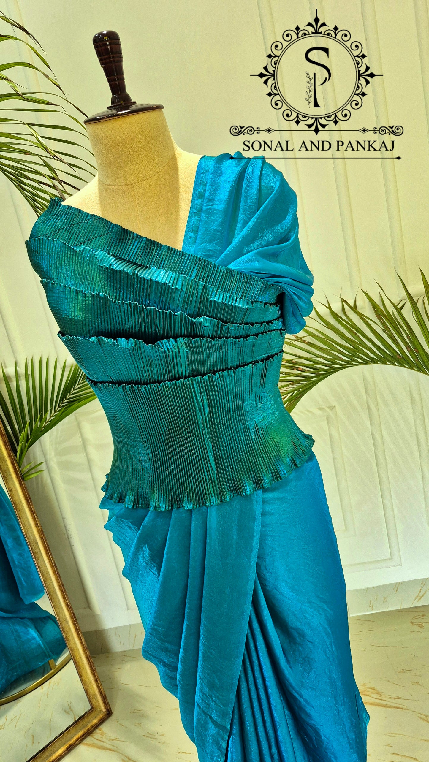 Desi Girl Vibe - Peacock Blue Top & Dual Tone Fluidic Fendy Pre-pleated Saree - SA01607