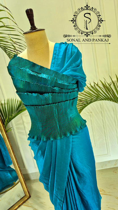 Desi Girl Vibe - Peacock Blue Top & Dual Tone Fluidic Fendy Pre-pleated Saree - SA01607