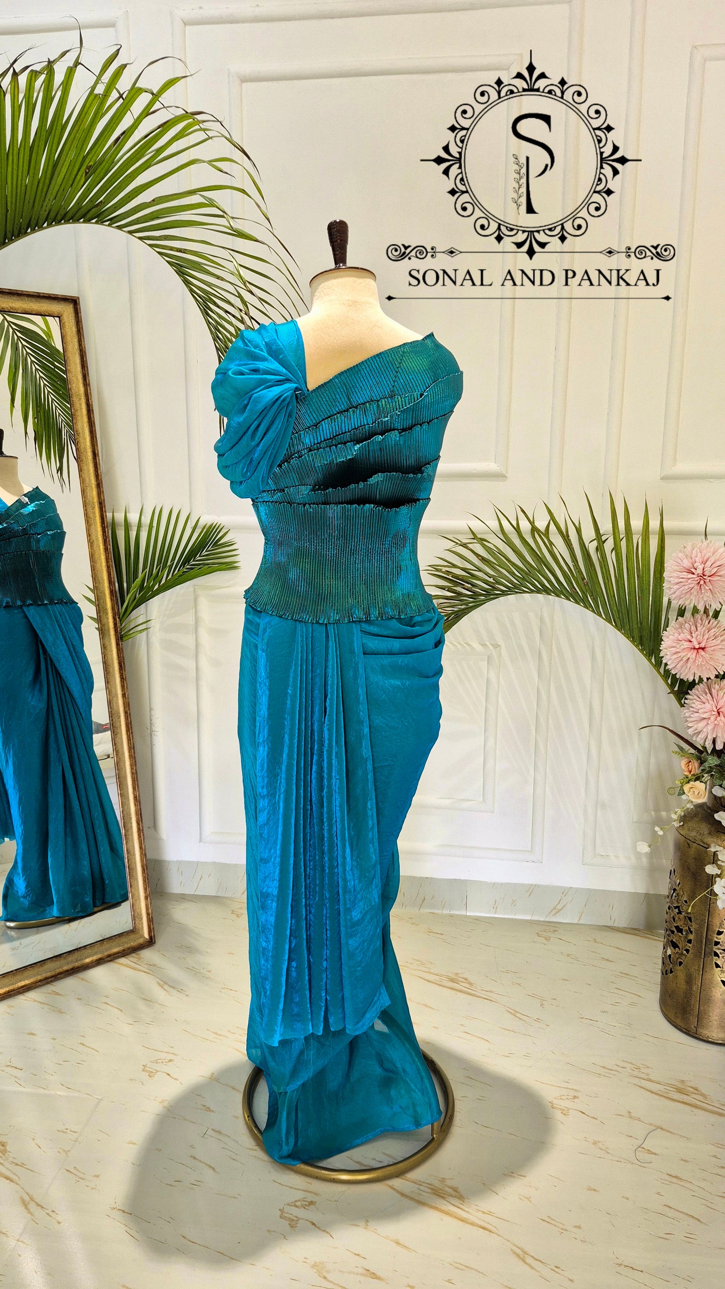 Desi Girl Vibe - Peacock Blue Top & Dual Tone Fluidic Fendy Pre-pleated Saree - SA01607