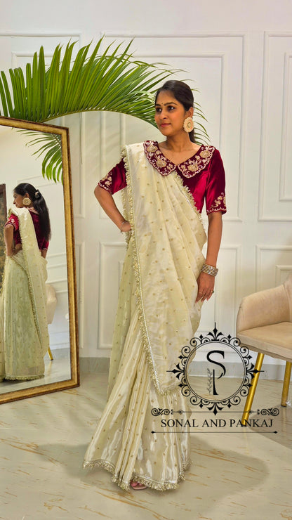 Chandni - Maroon Velvet Hand Embroidered Blouse & Designer Saree - SA01613