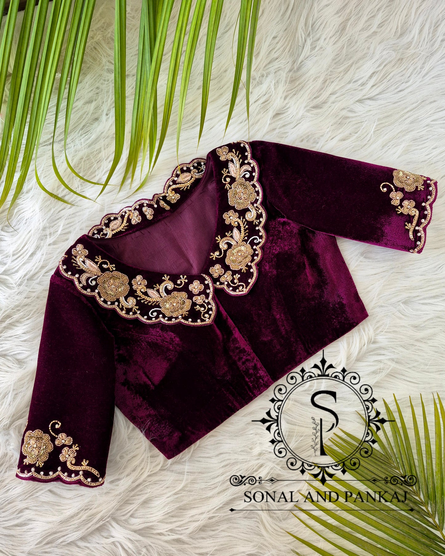 Wine Velvet Hand Embroidered Blouse - BL01627