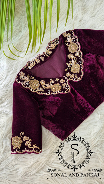 Wine Velvet Hand Embroidered Blouse - BL01627