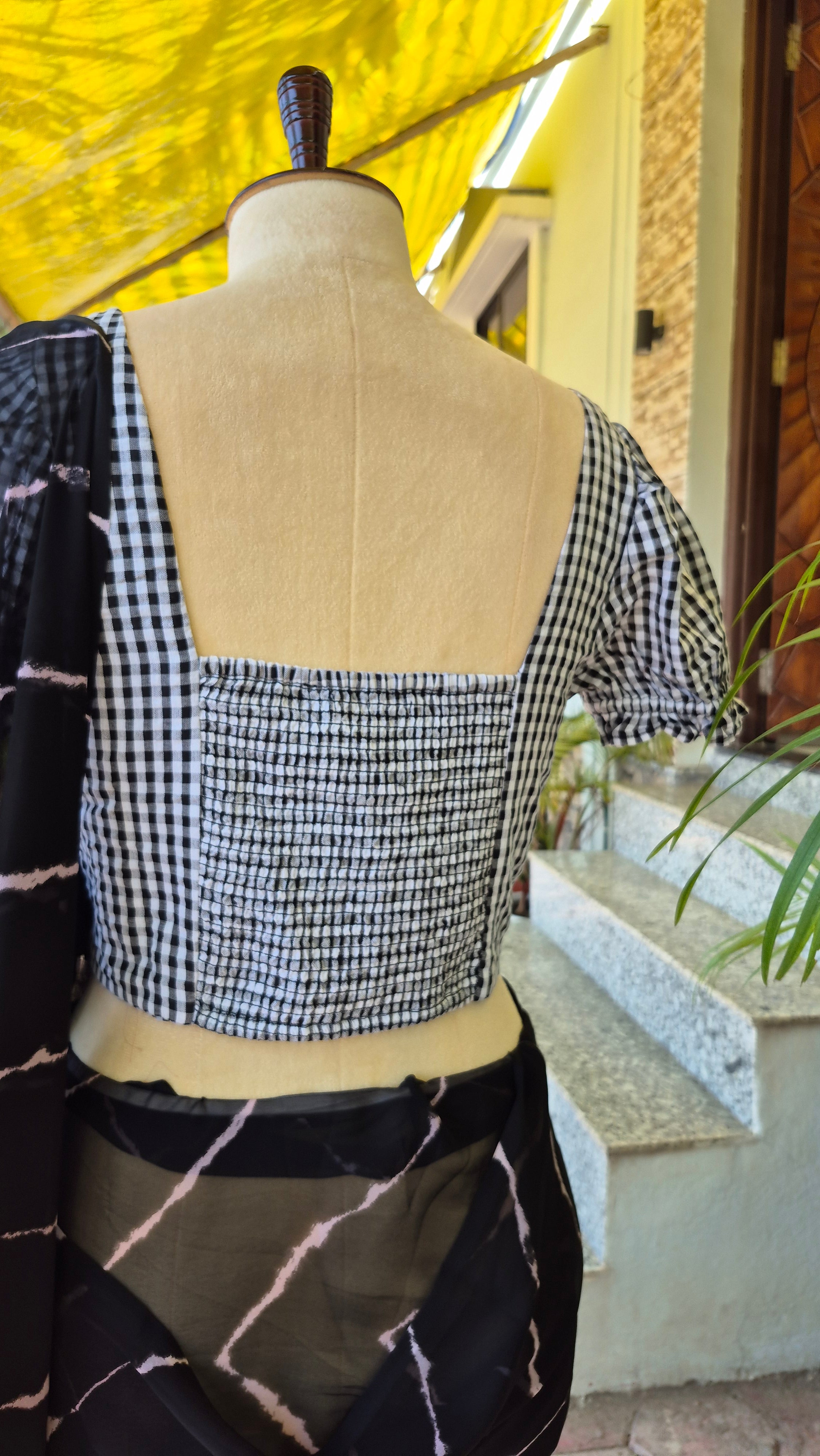 Black Checkered Smocking Top & Black Leheriya Saree - SA01671