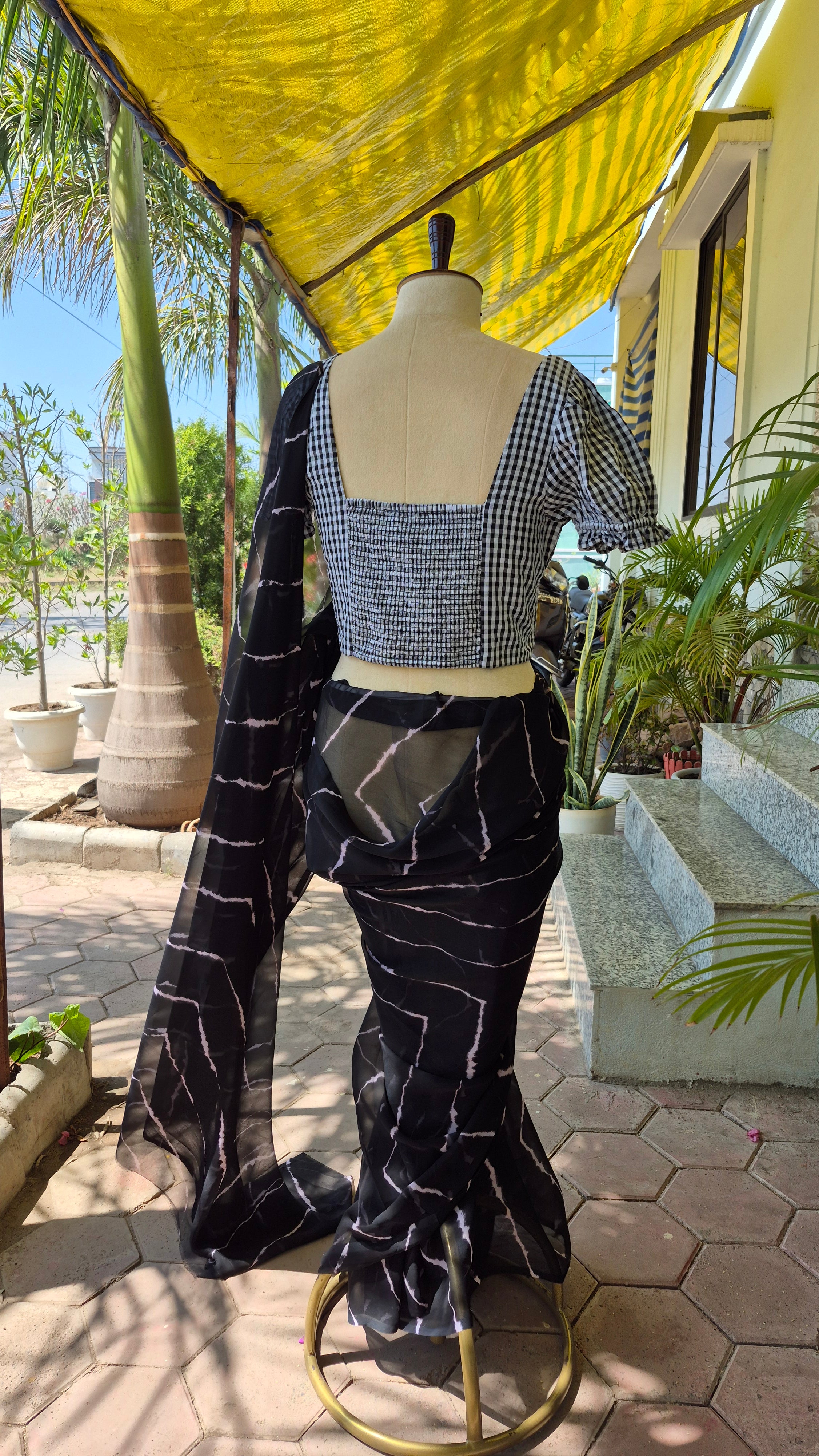 Black Checkered Smocking Top & Black Leheriya Saree - SA01671