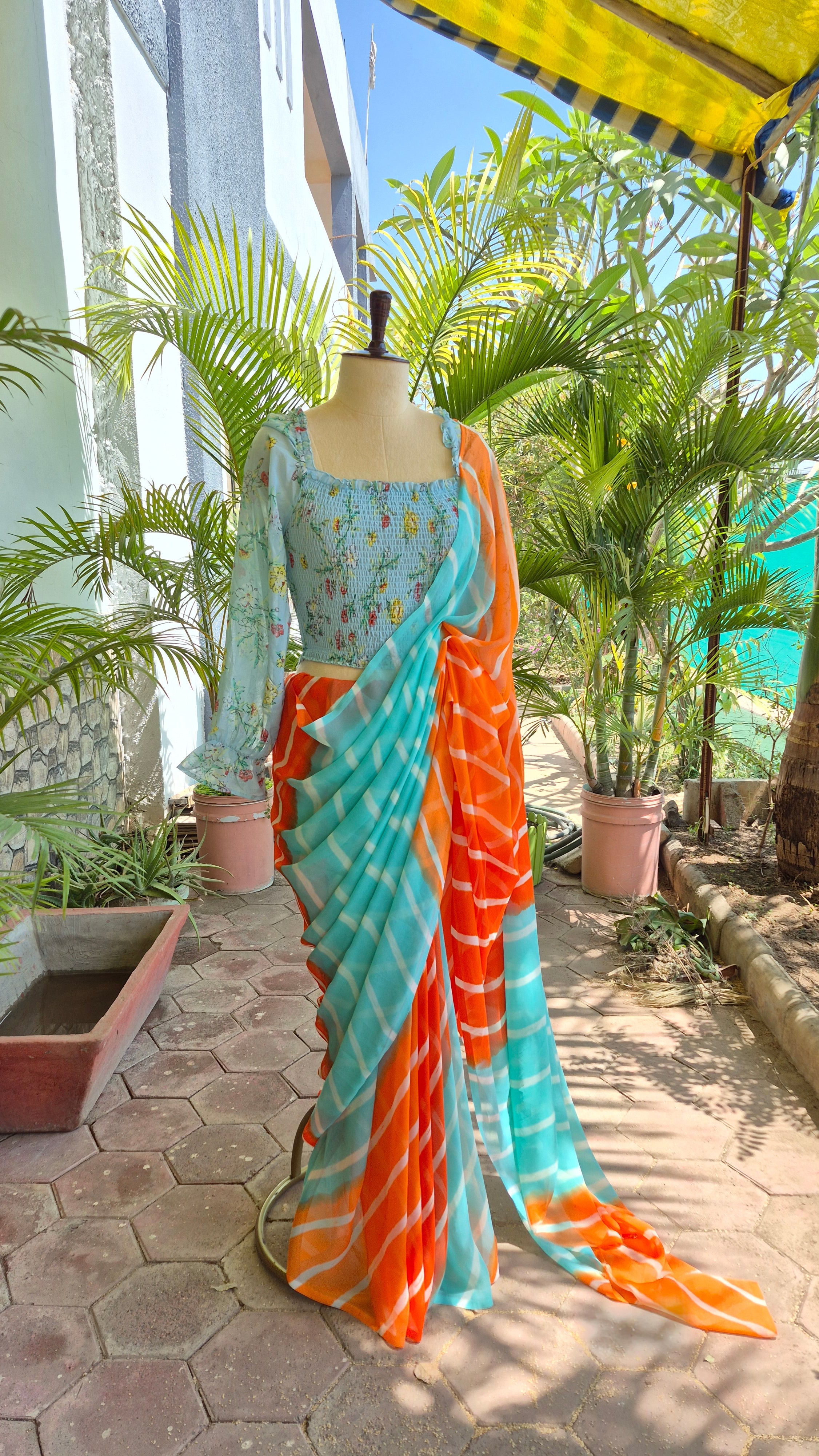 Turquoise Blue Floral Print Smocking Top & Orange & Blue Leheriya Saree - SA01669