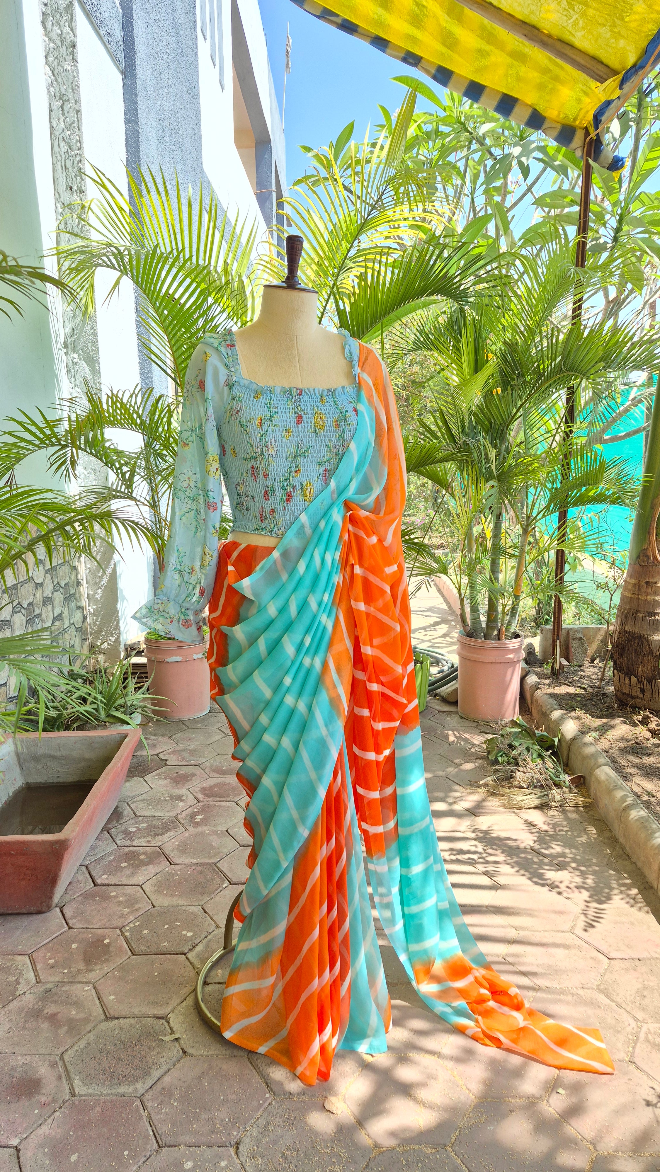Turquoise Blue Floral Print Smocking Top & Orange & Blue Leheriya Saree - SA01669