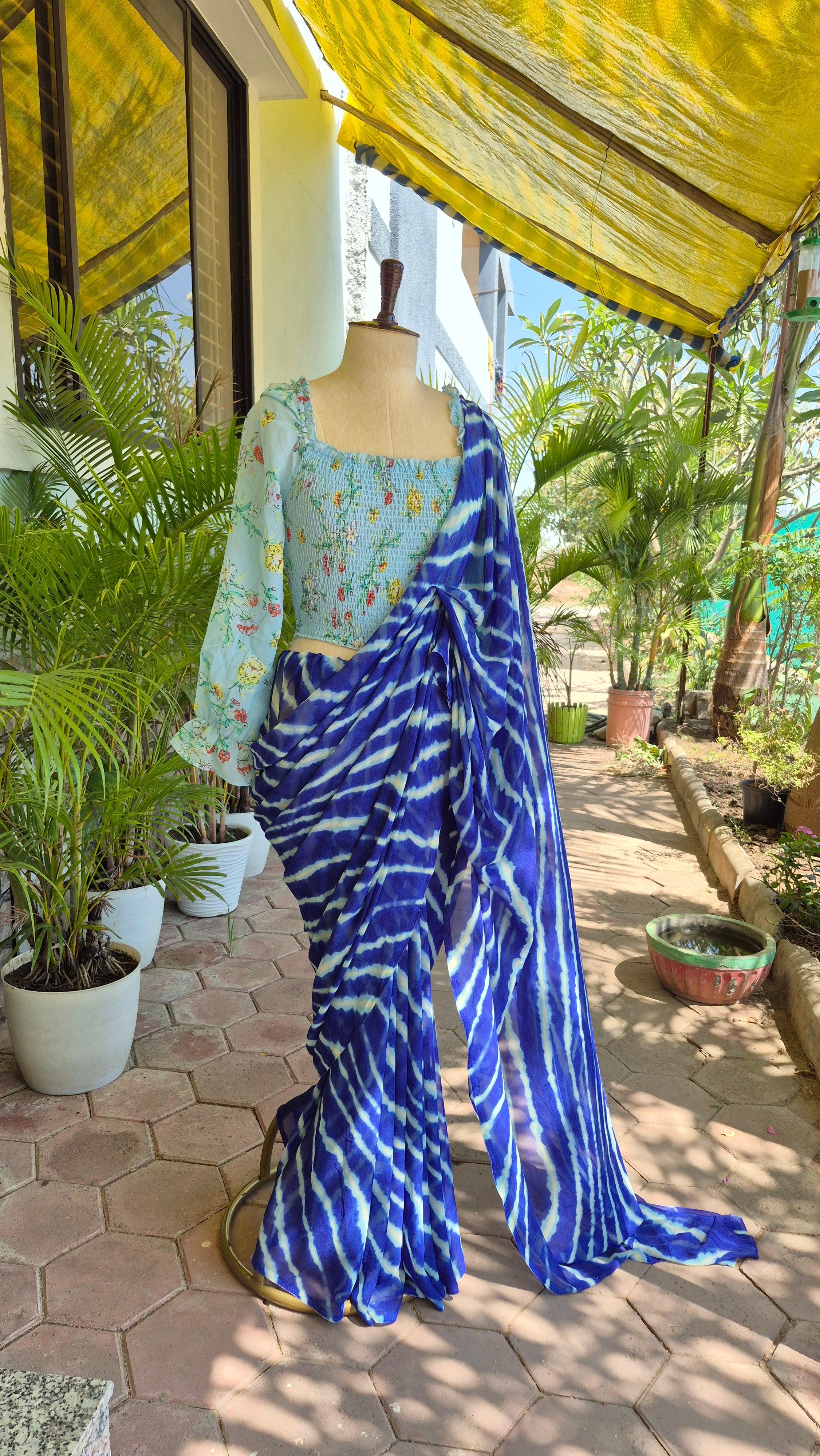 Turquoise Blue Floral Print Smocking Top & Blue Leheriya Saree - SA01667