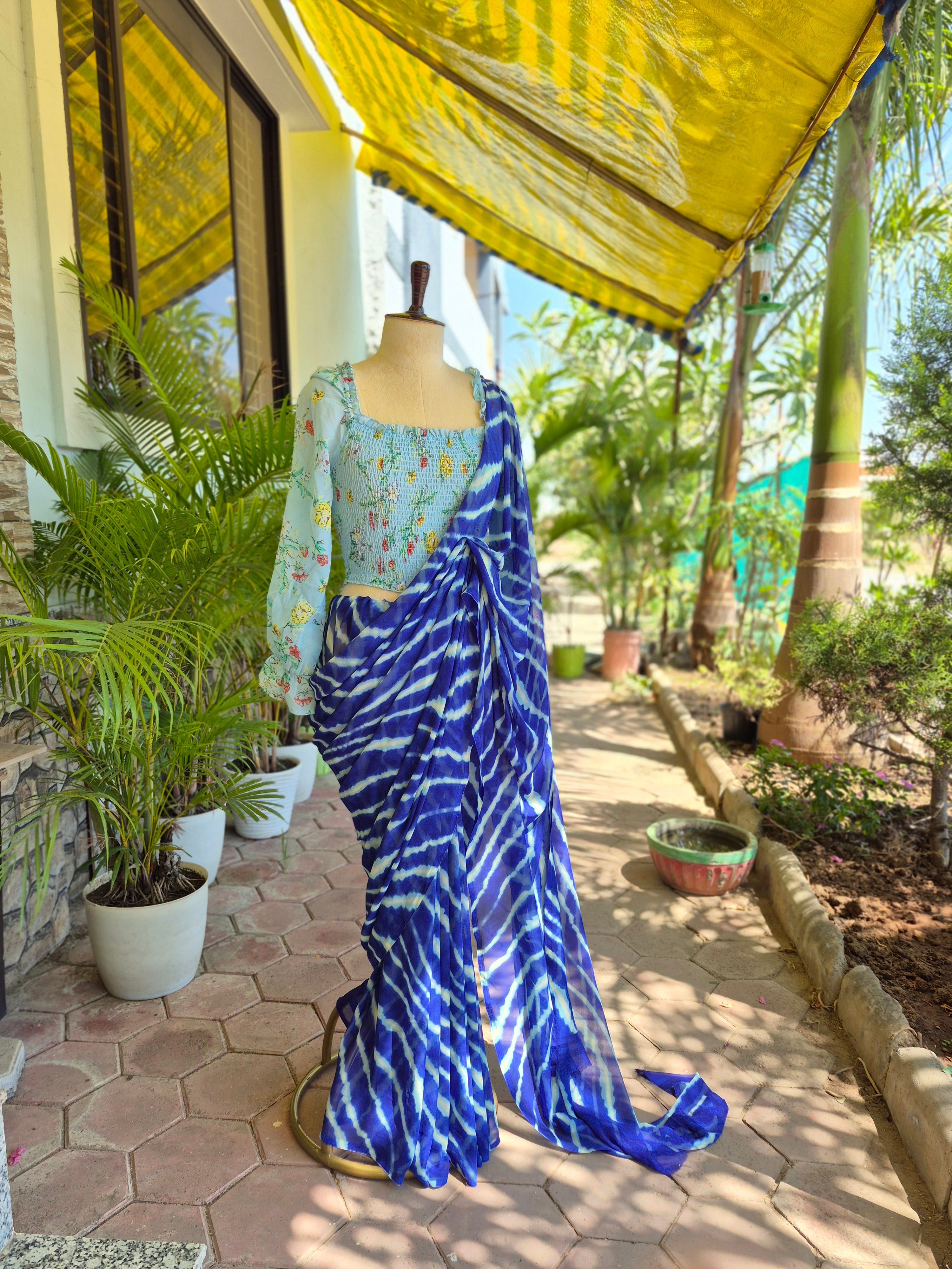 Turquoise Blue Floral Print Smocking Top & Blue Leheriya Saree - SA01667