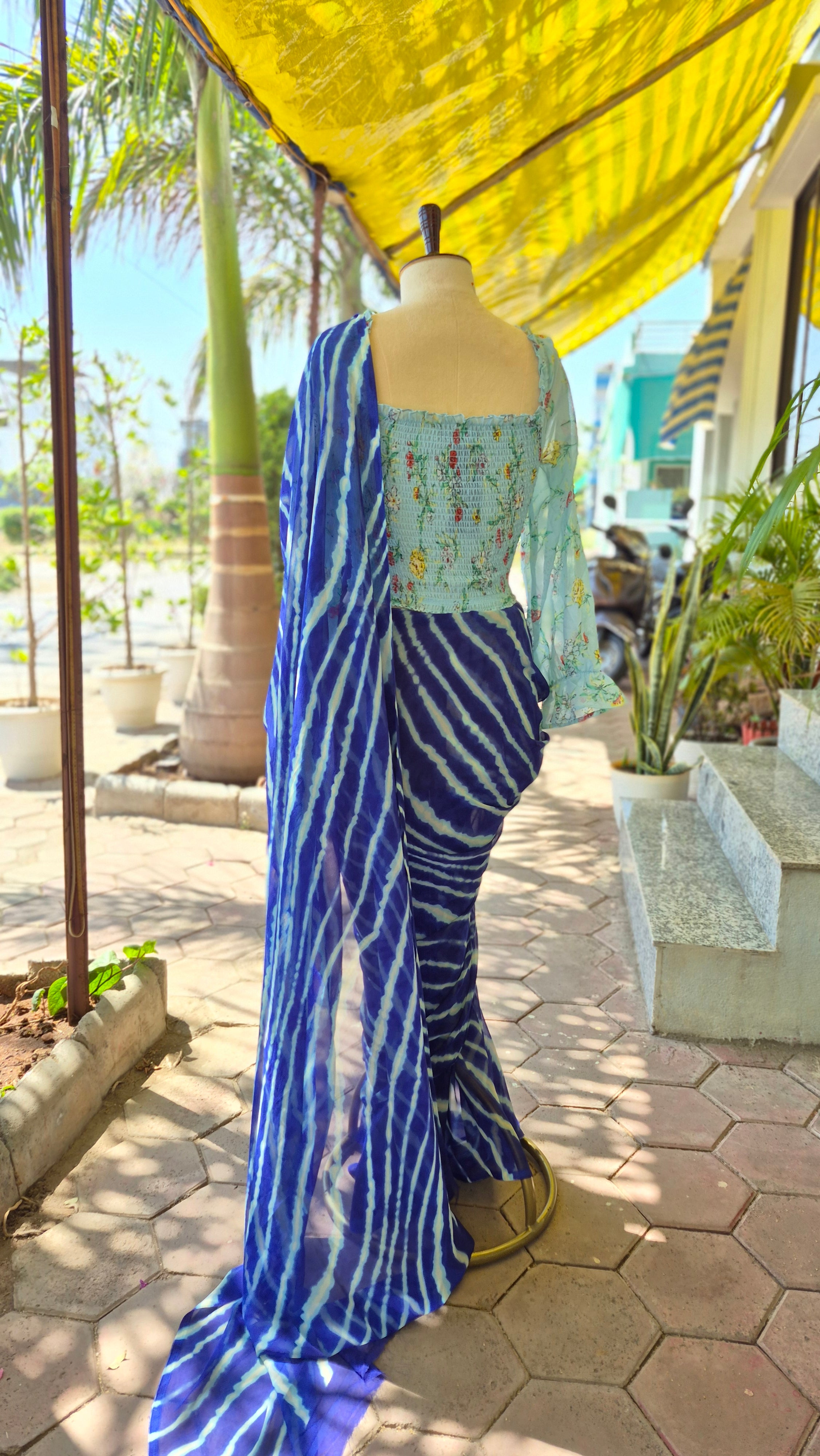 Turquoise Blue Floral Print Smocking Top & Blue Leheriya Saree - SA01667