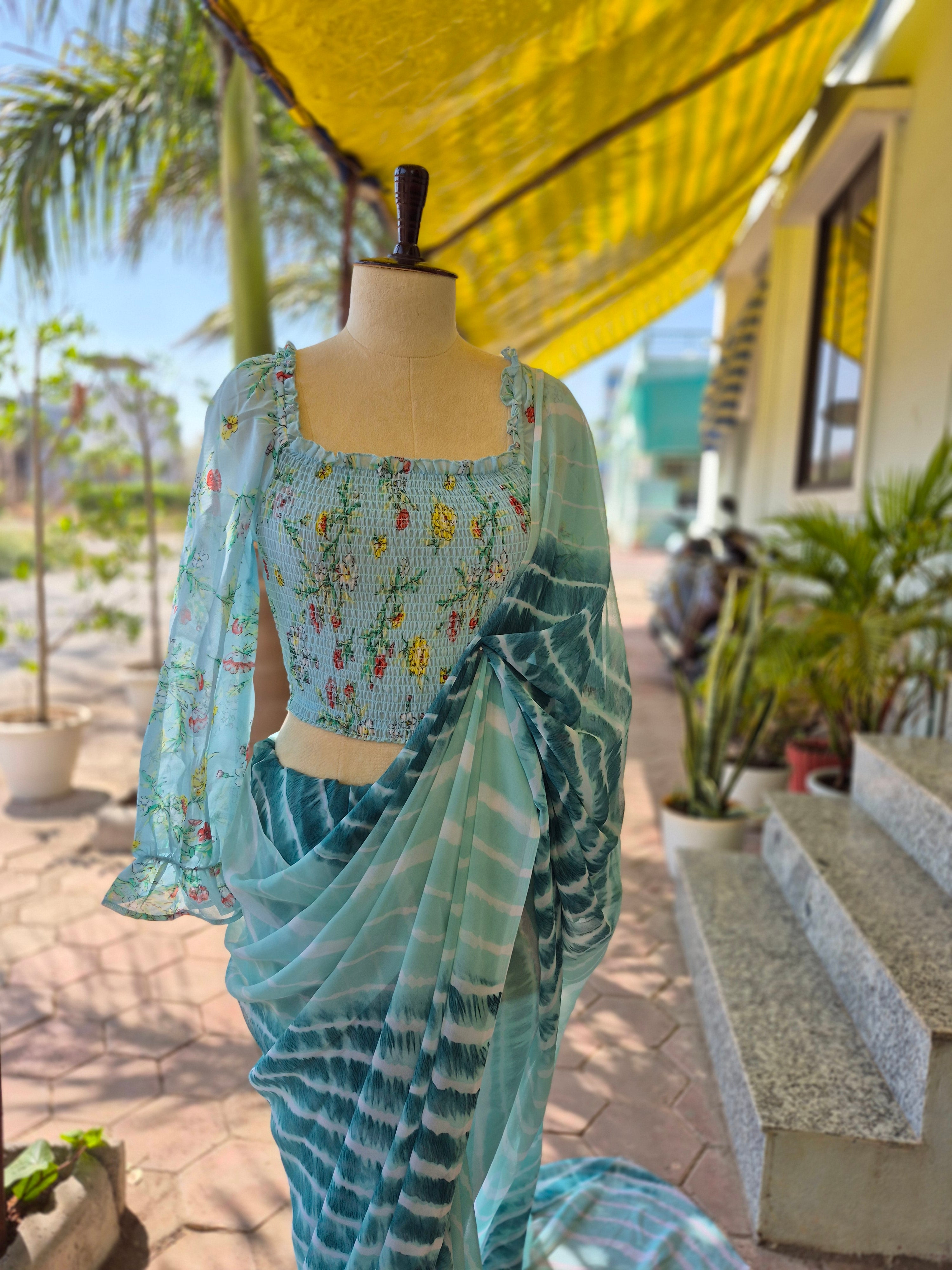 Turquoise Blue Floral Print Smocking Top & Shaded Leheriya Saree - SA01668