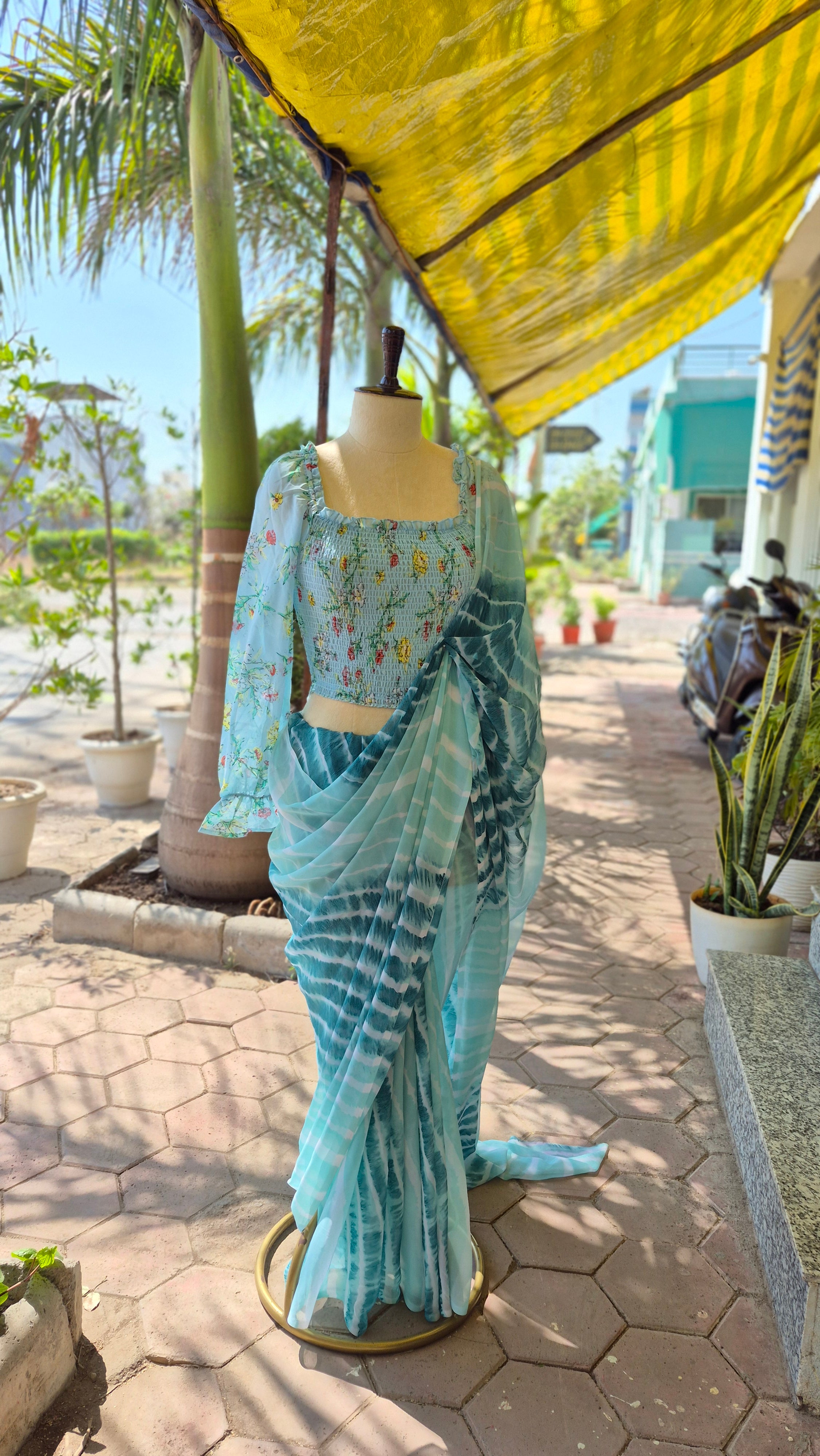 Turquoise Blue Floral Print Smocking Top & Shaded Leheriya Saree - SA01668