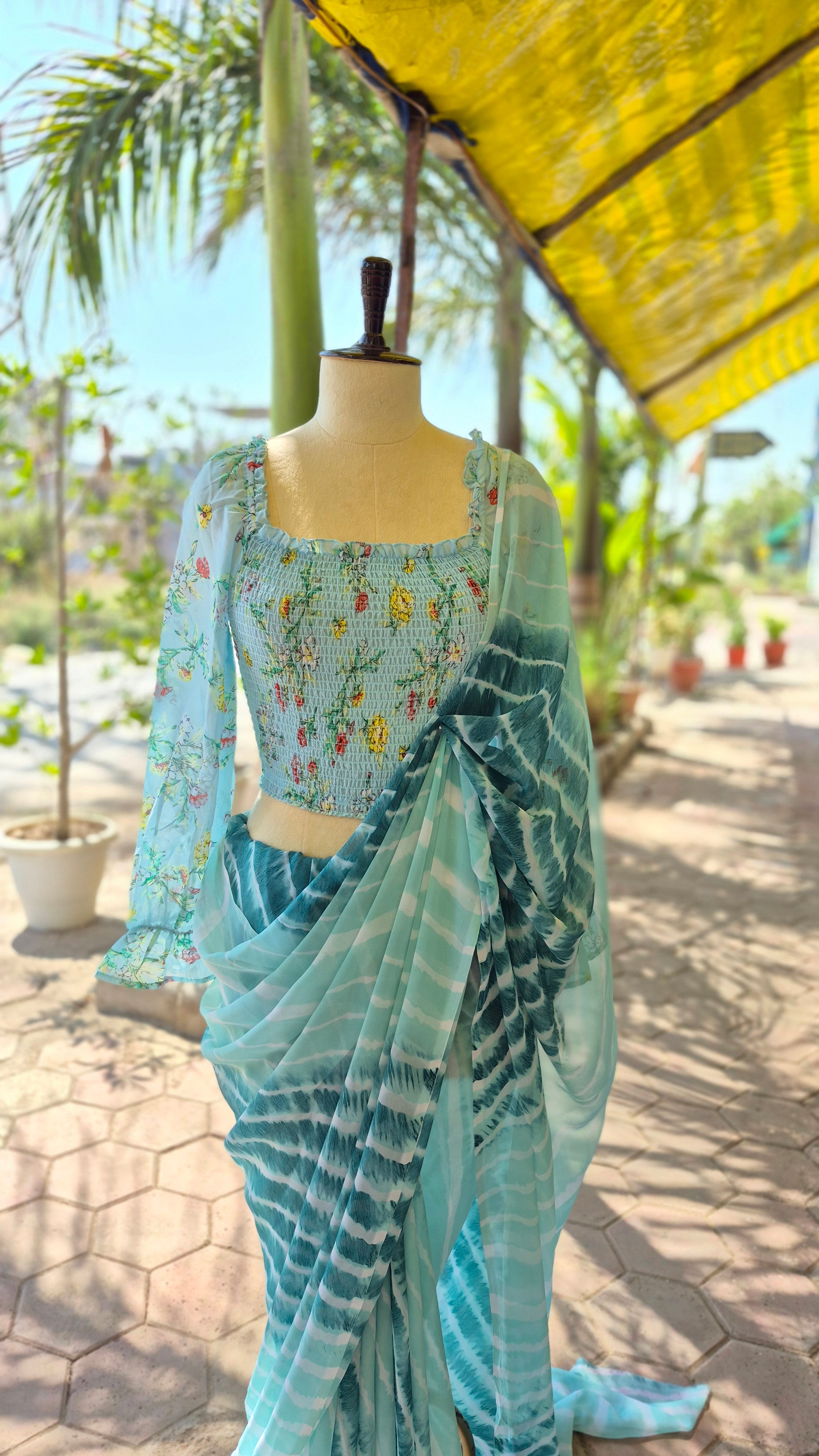 Turquoise Blue Floral Print Smocking Top & Shaded Leheriya Saree - SA01668