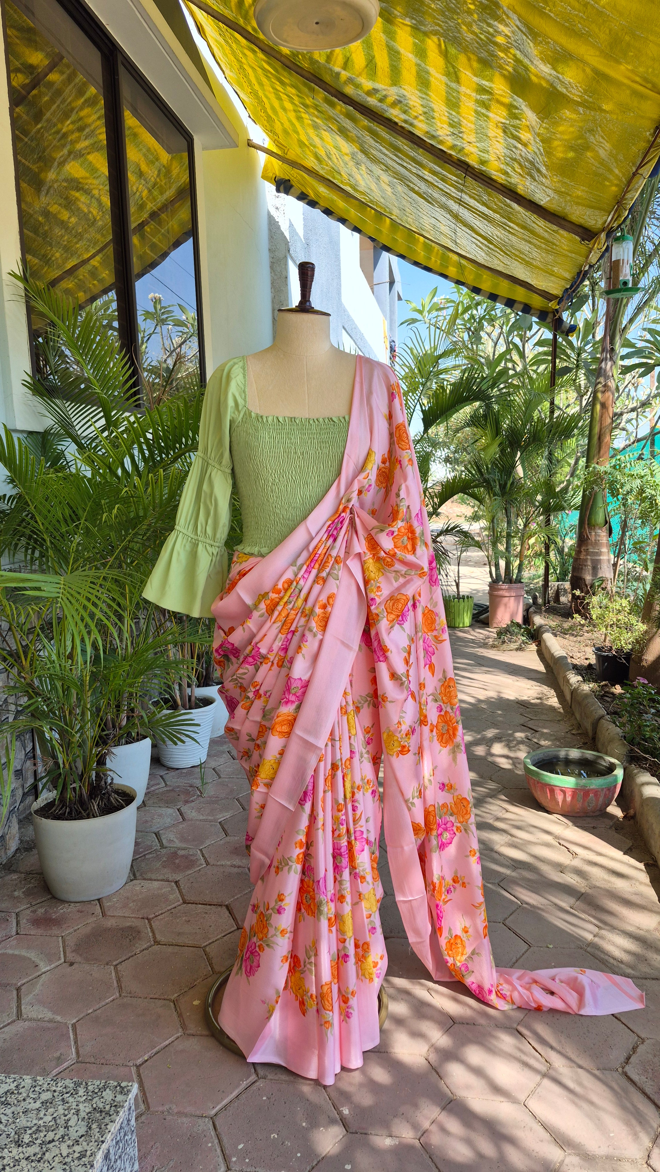 Green Smocking Top & Peach Floral Print Saree - SA01664