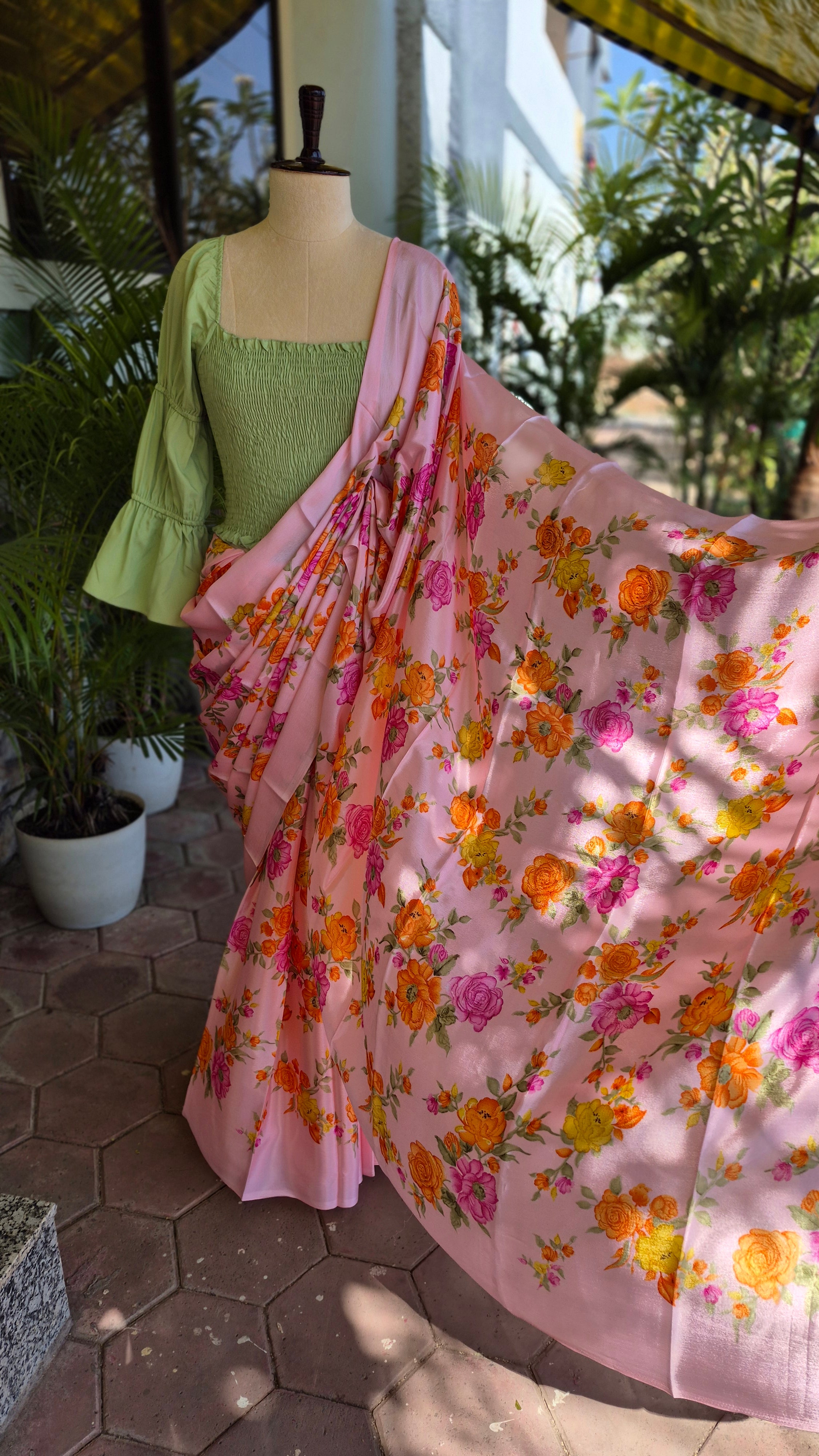 Green Smocking Top & Peach Floral Print Saree - SA01664