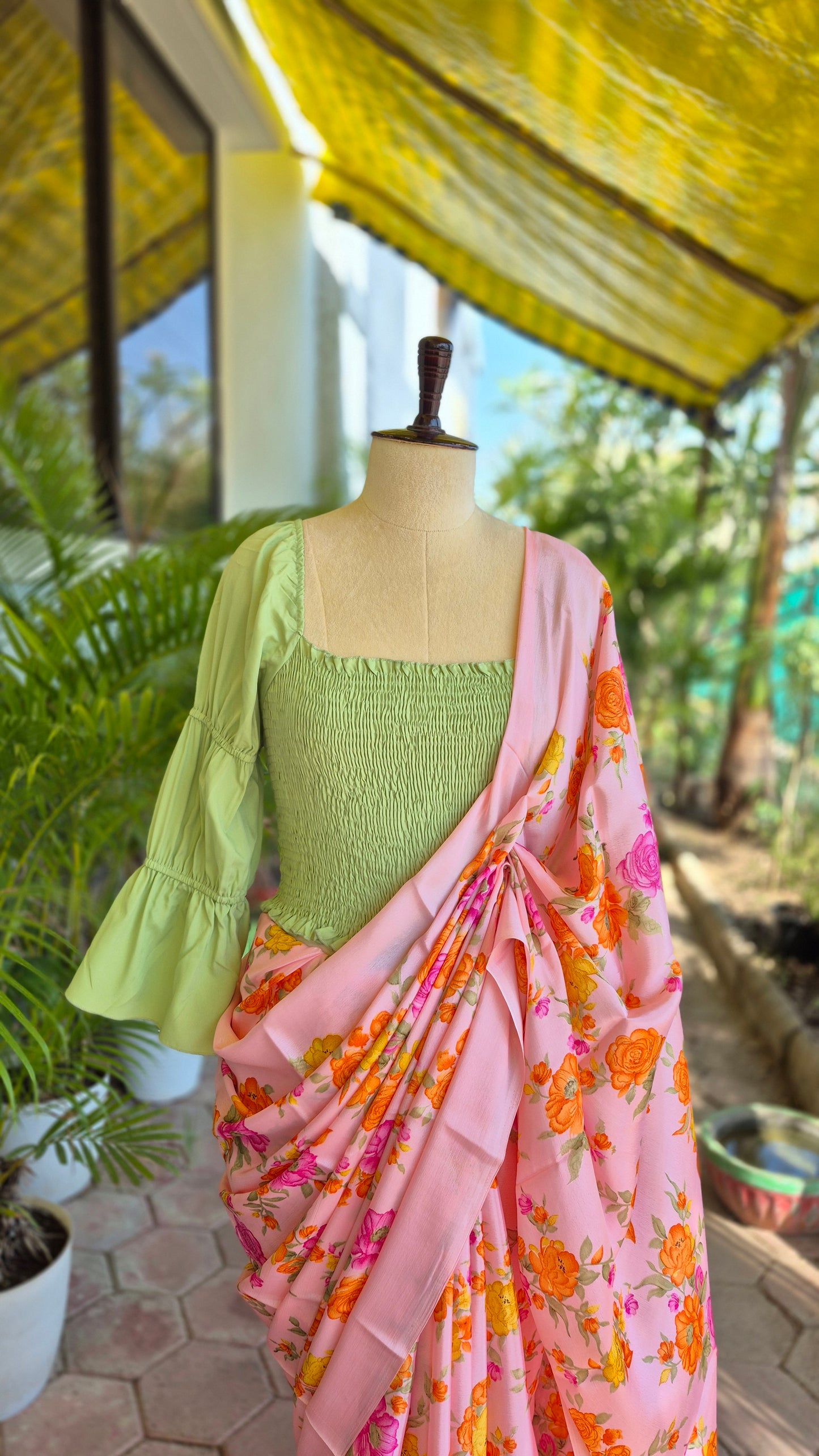 Green Smocking Top & Peach Floral Print Saree - SA01664