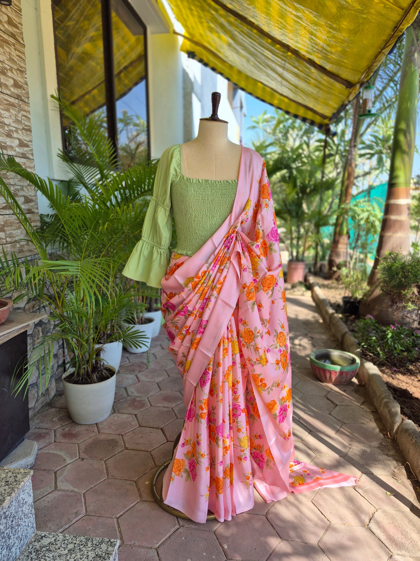 Green Smocking Top & Peach Floral Print Saree - SA01664