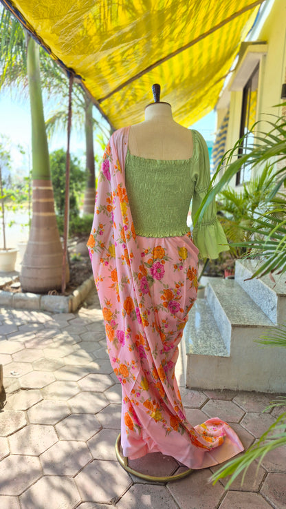 Green Smocking Top & Peach Floral Print Saree - SA01664