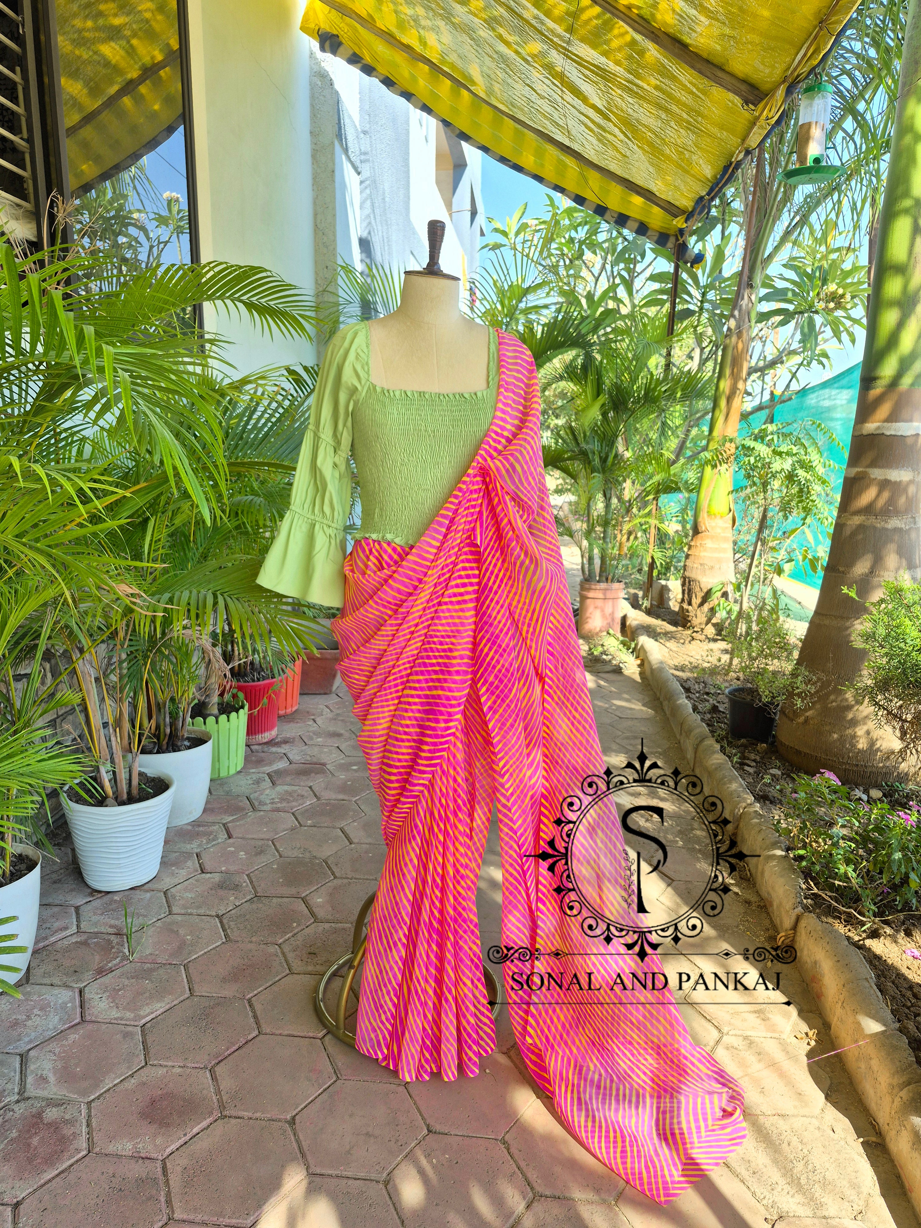 Green Smocking Top & Pink Leheriya Saree 2.0 - SA01696