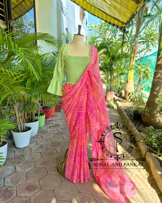 Green Smocking Top & Pink Leheriya Saree 2.0 - SA01696