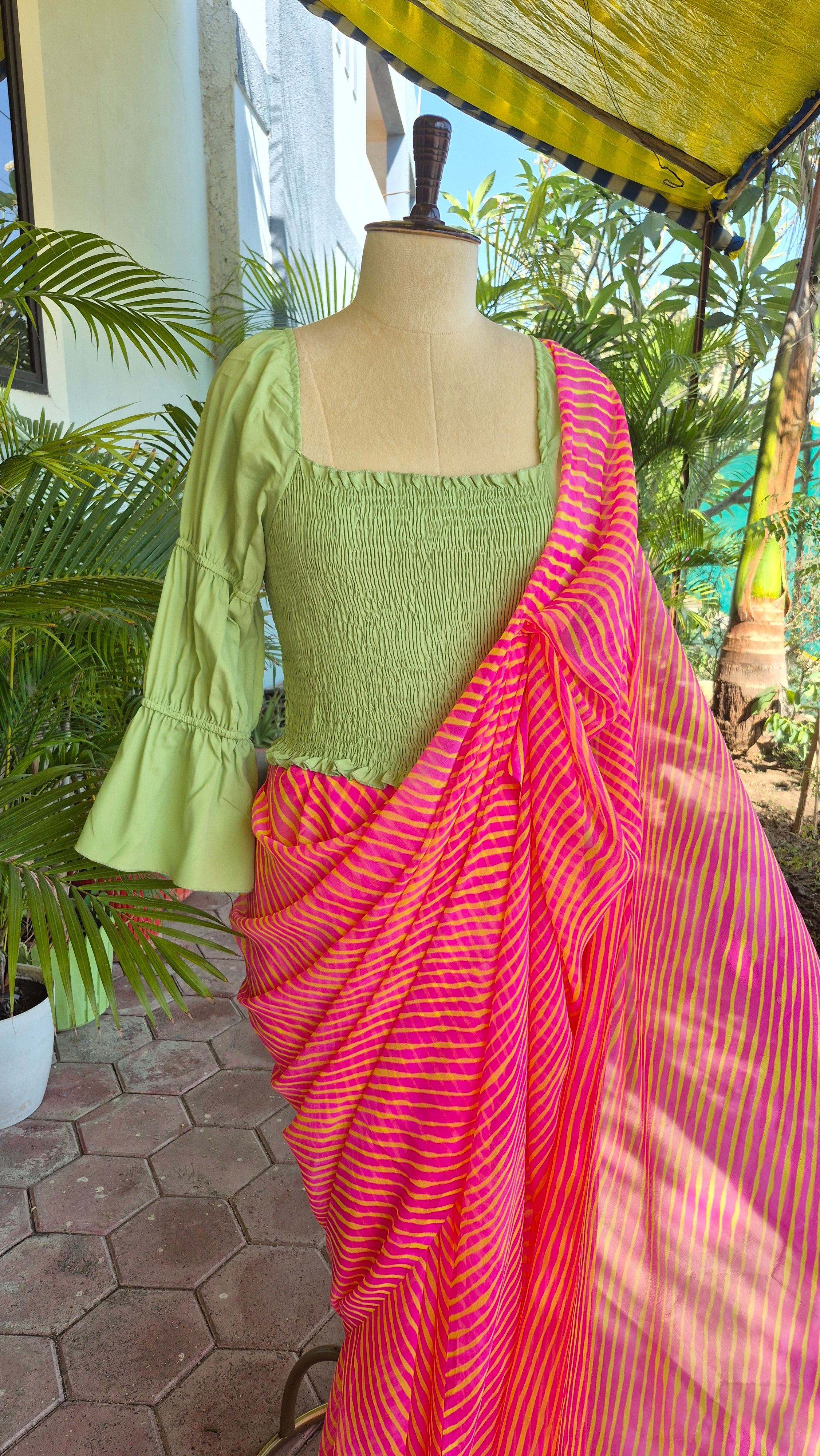 Green Smocking Top & Pink Leheriya Saree 2.0 - SA01696