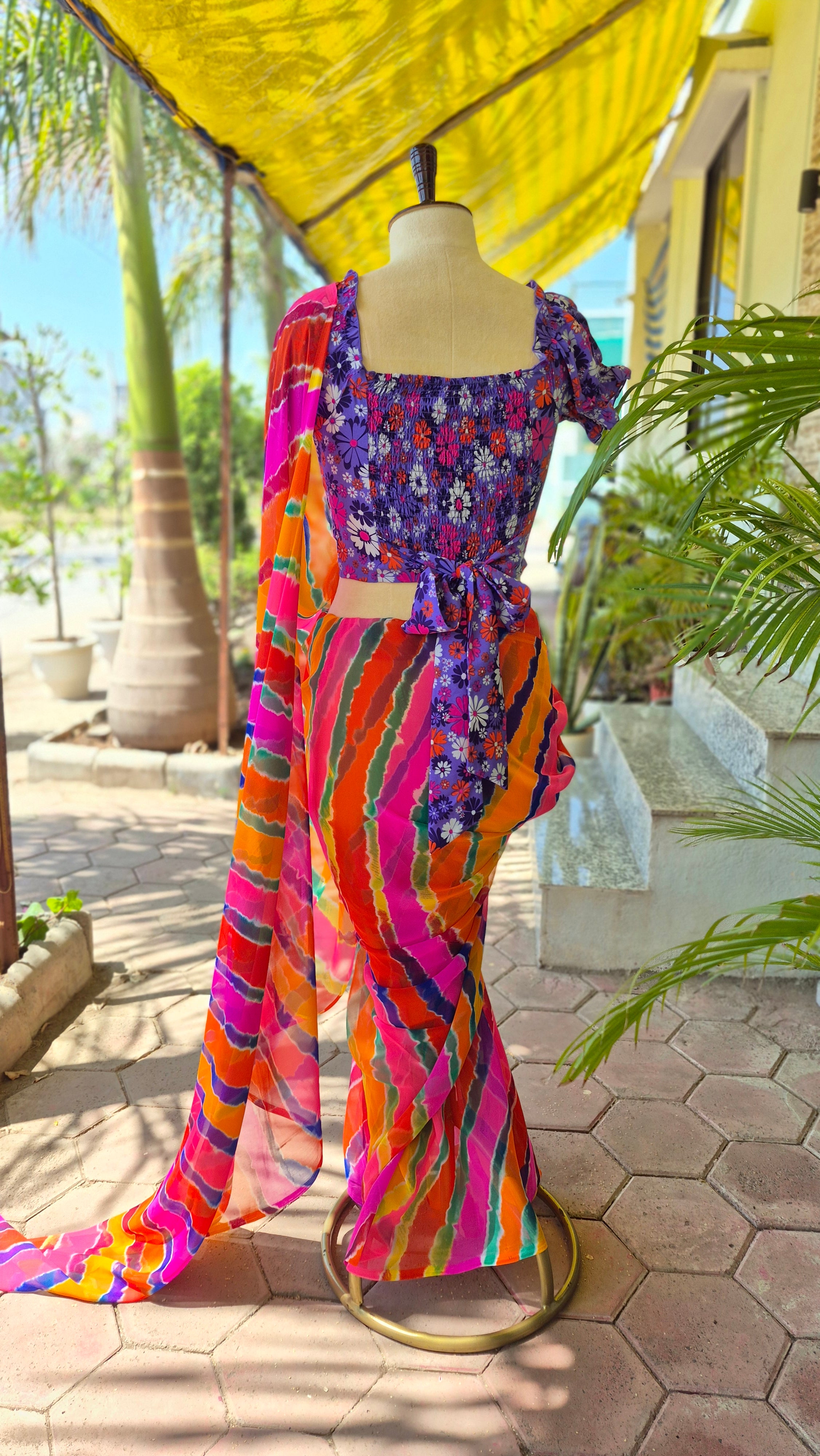 Purple Floral Print Puffed Sleeves Smocking Top & Multicolor Leheriya Saree - SA01666