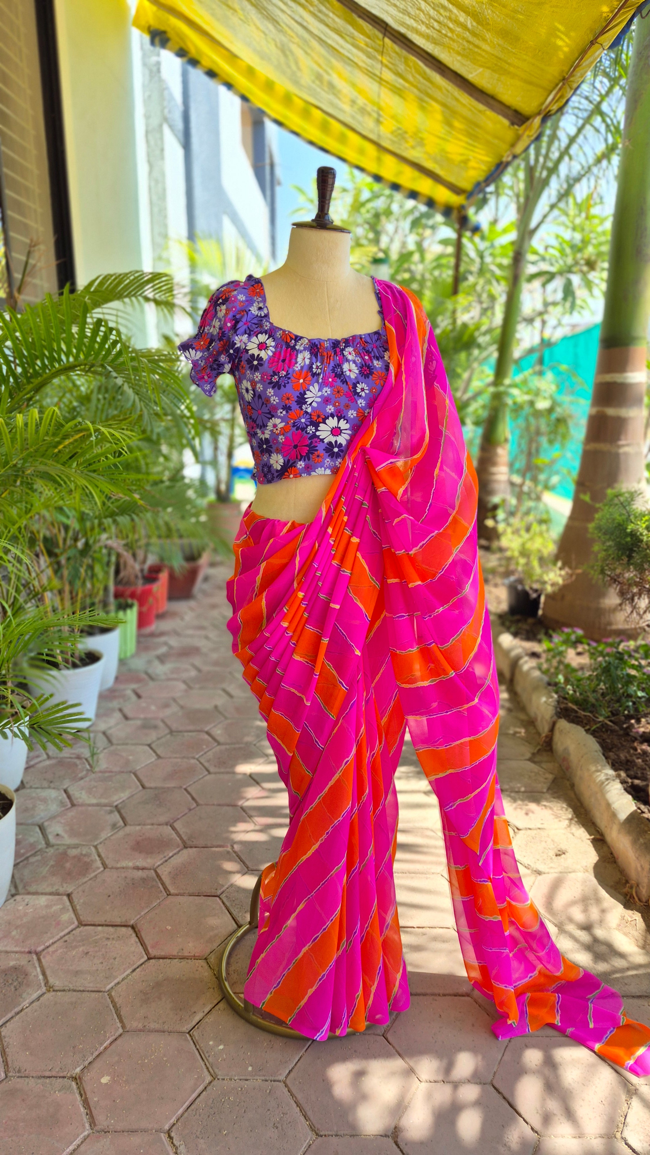 Purple Floral Print Puffed Sleeves Smocking Top & Pink & Orange Leheriya Saree - SA01665