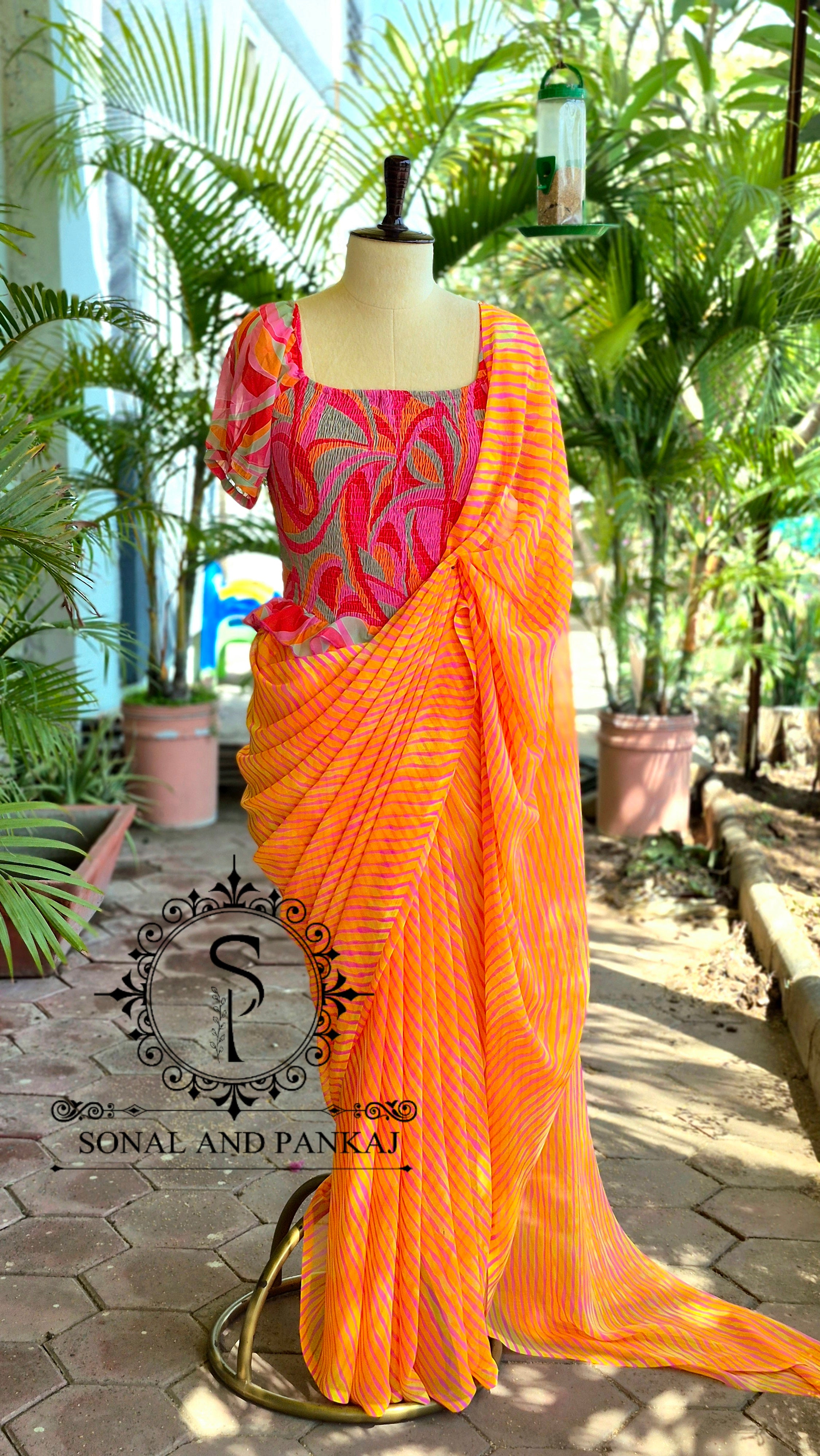 Abstract Print Smocking Top & Yellow & Pink Leheriya Saree - SA01698
