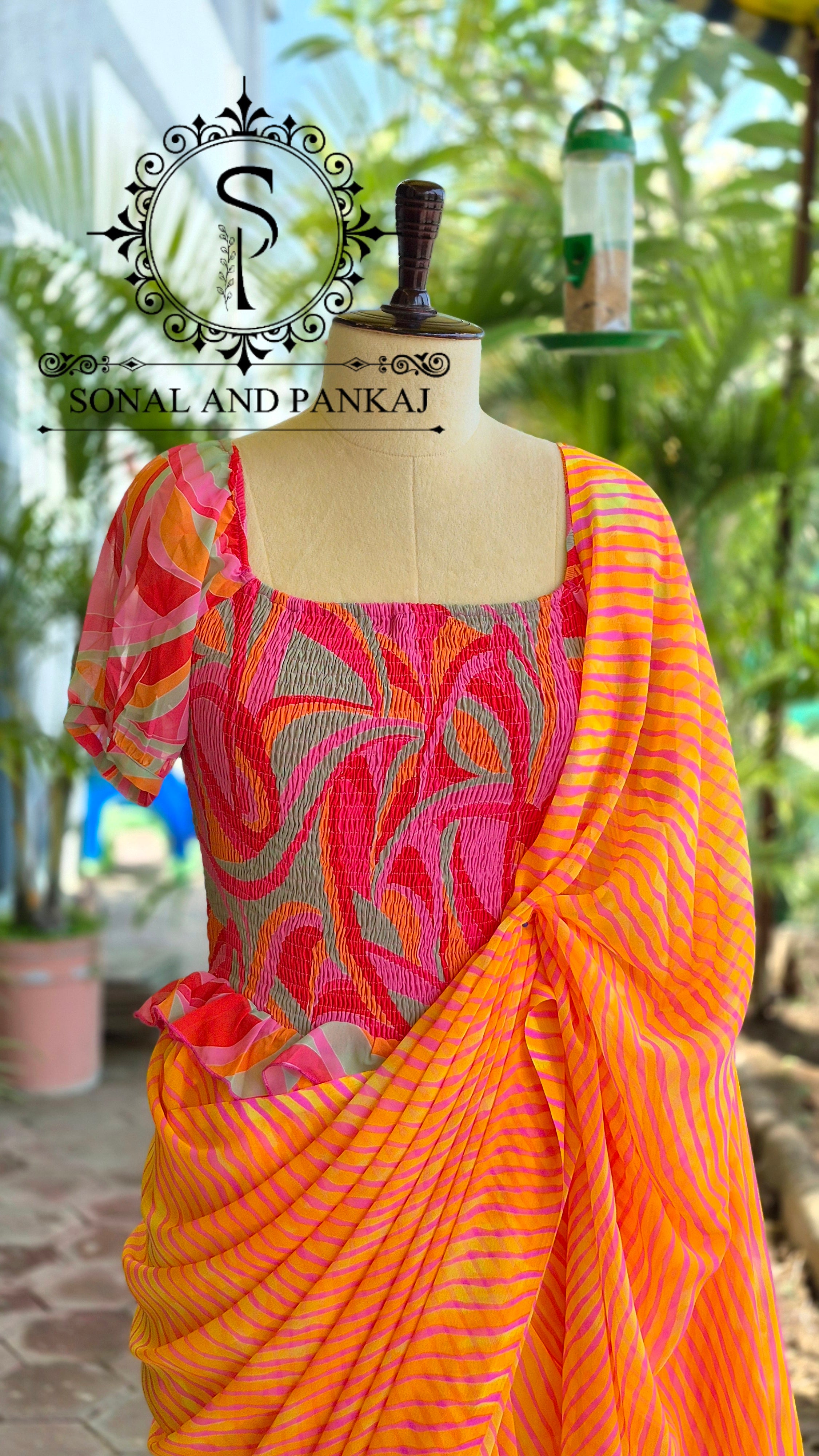 Abstract Print Smocking Top & Yellow & Pink Leheriya Saree - SA01698