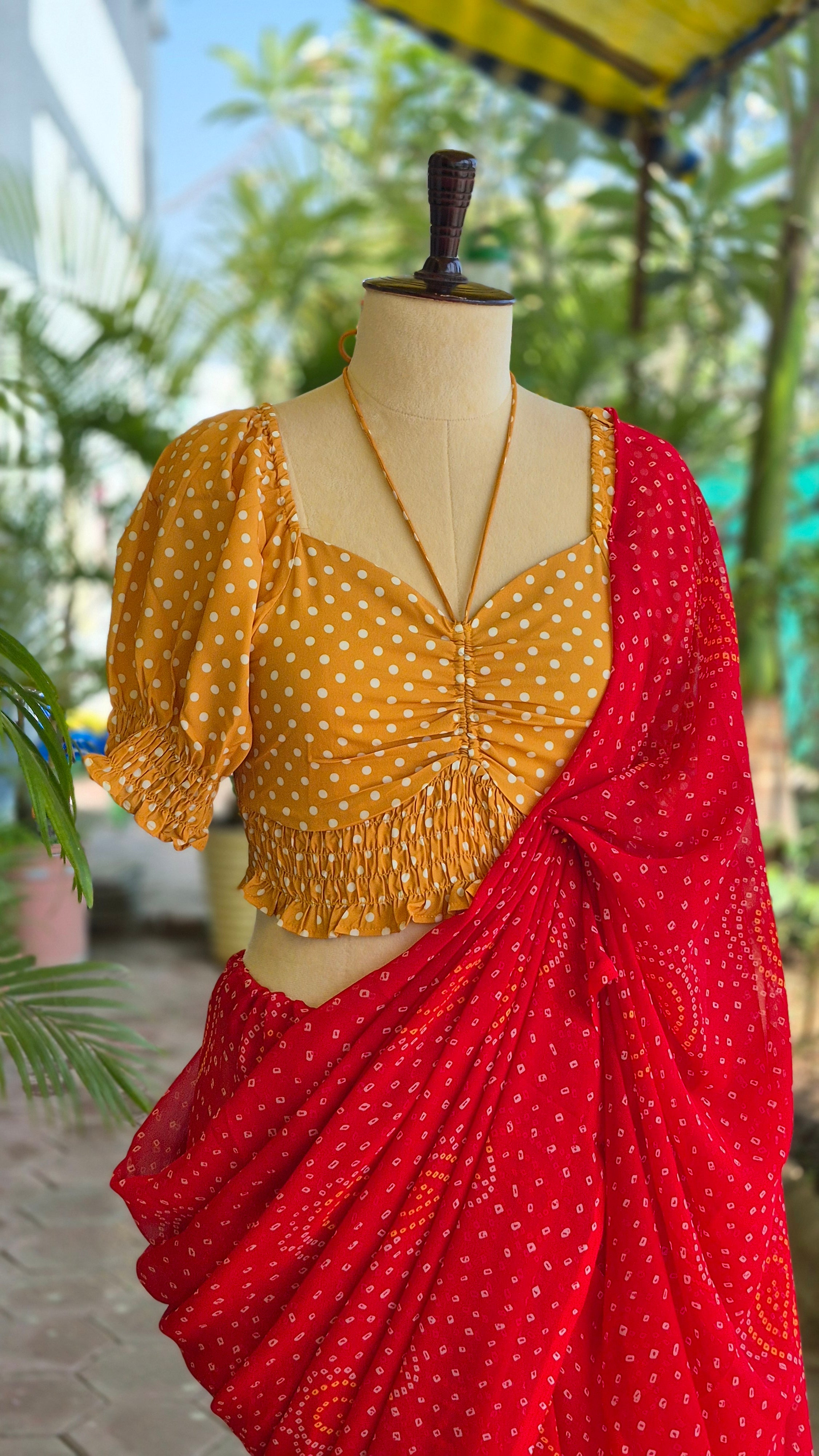 Yellow Polka Dots Puffed Sleeves Smocking Top & Red Bandhani Saree - SA01673