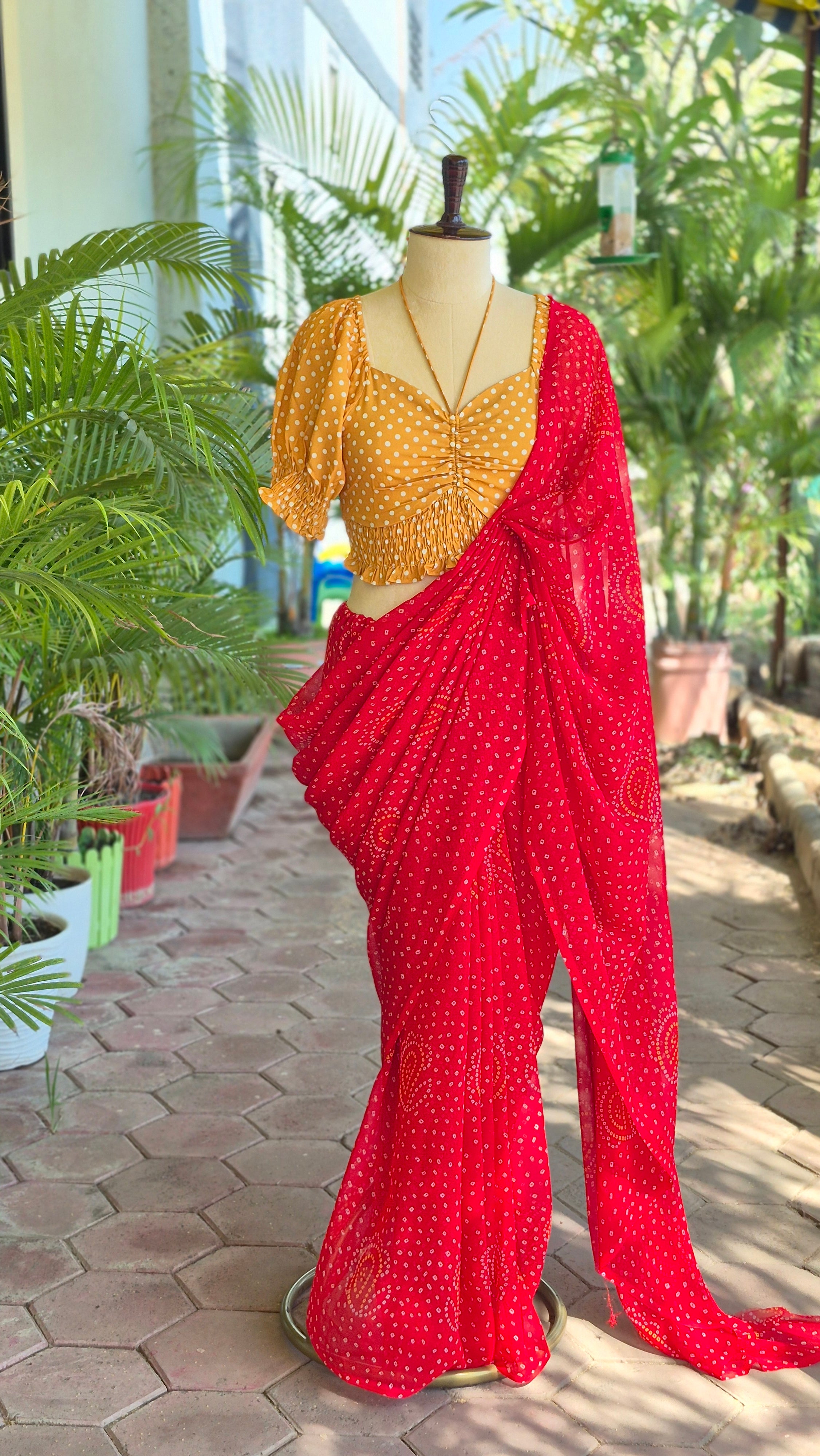 Yellow Polka Dots Puffed Sleeves Smocking Top & Red Bandhani Saree - SA01673