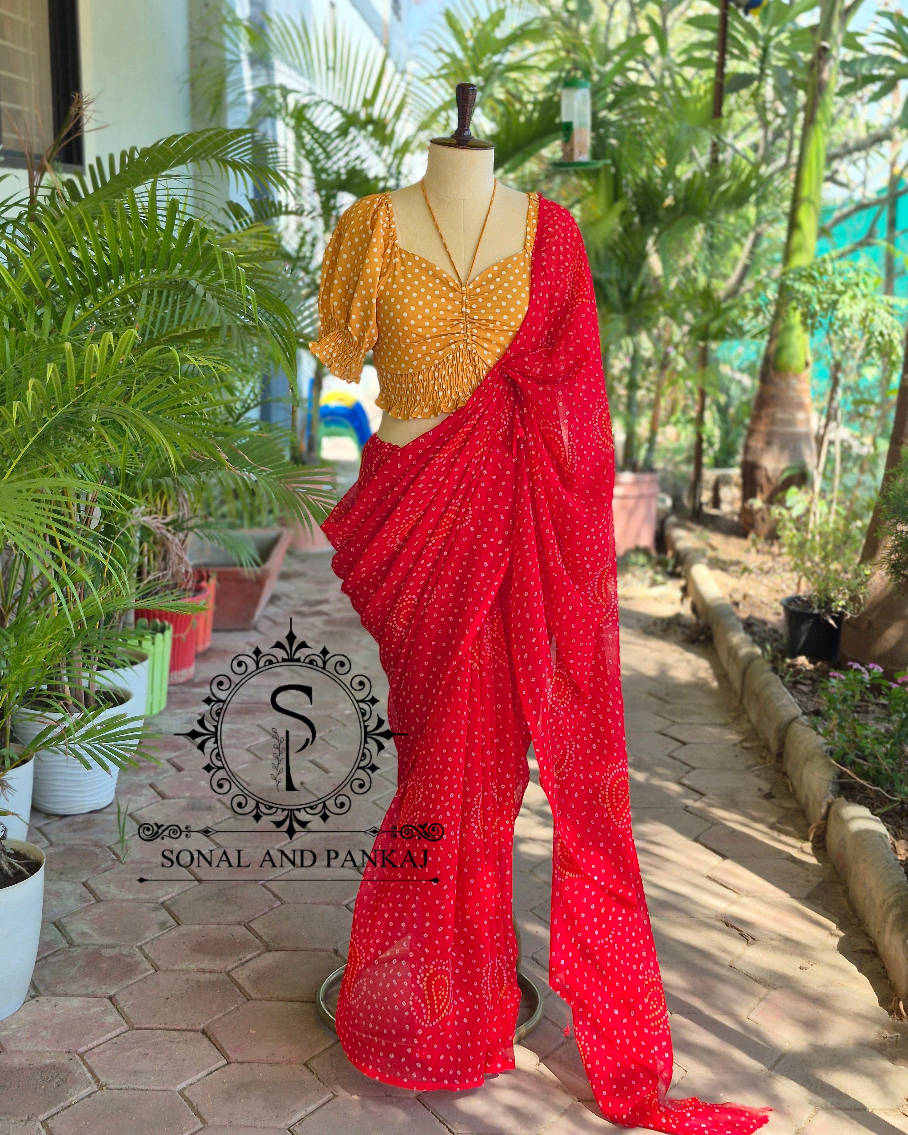 Yellow Polka Dots Puffed Sleeves Smocking Top & Red Bandhani Saree - SA01673