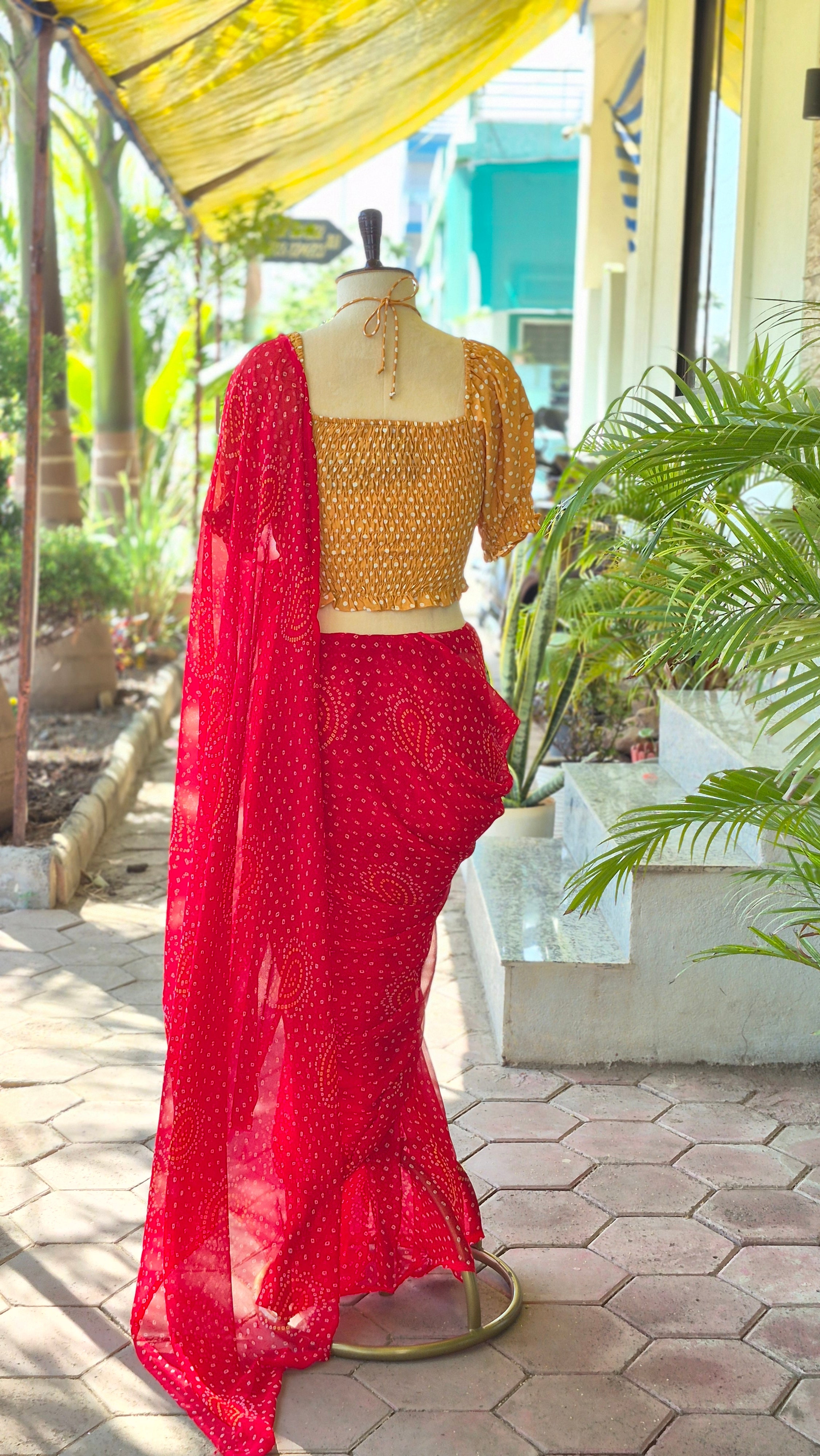 Yellow Polka Dots Puffed Sleeves Smocking Top & Red Bandhani Saree - SA01673