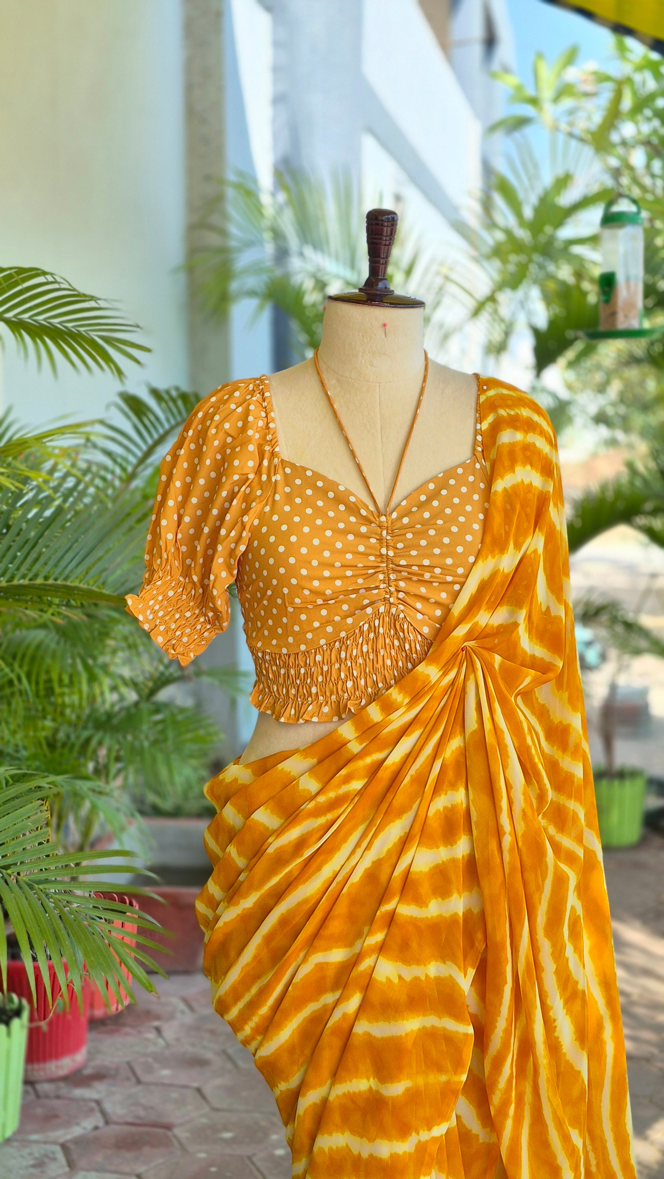 Yellow Polka Dots Puffed Sleeves Smocking Top & Yellow Leheriya Saree - SA01679